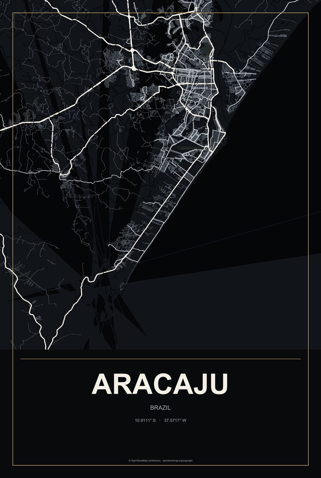 Aracaju, Brazil City Map Aluminum Sign in Metropolitan Noir style