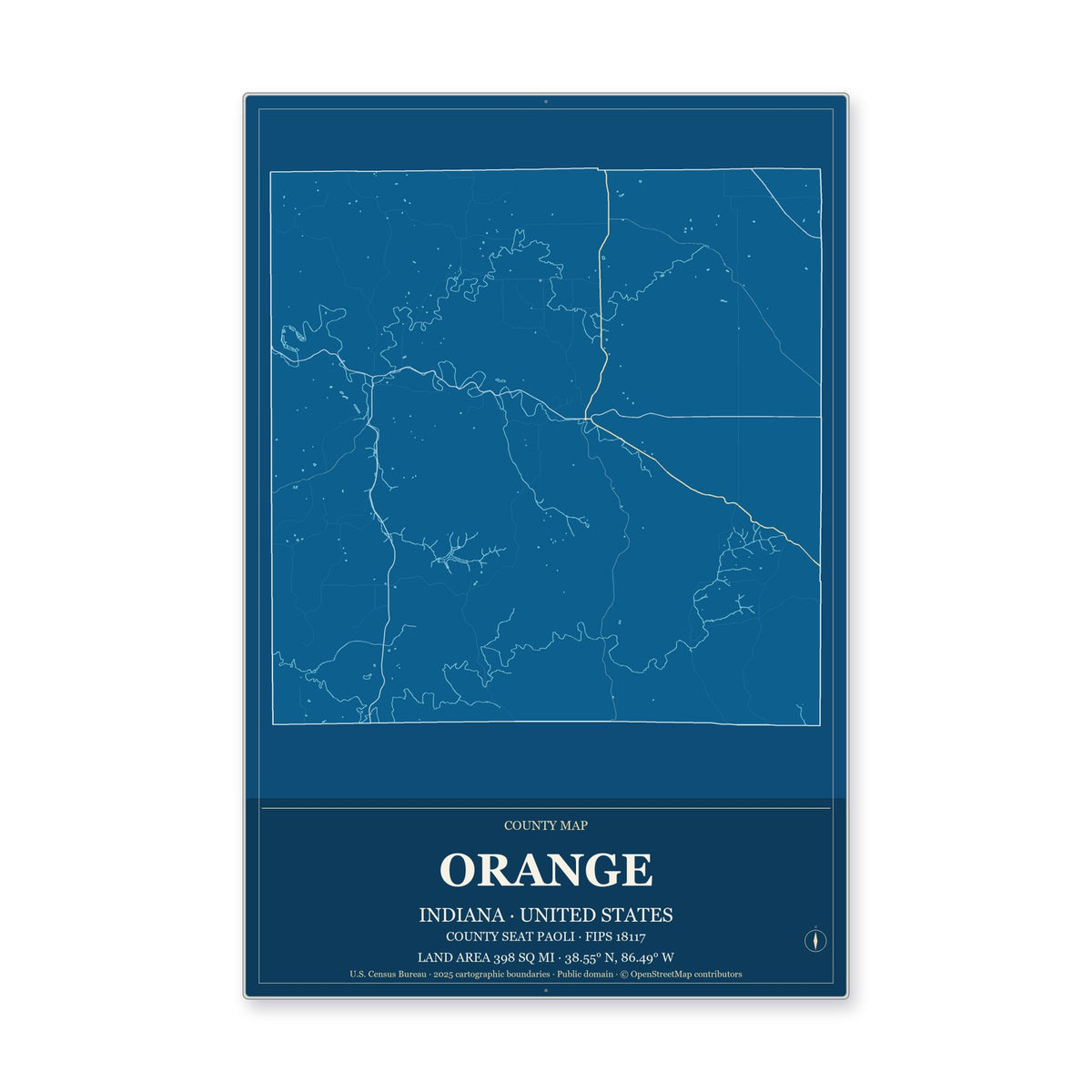 Orange County, Indiana Map Aluminum Sign in Harbor Cobalt style