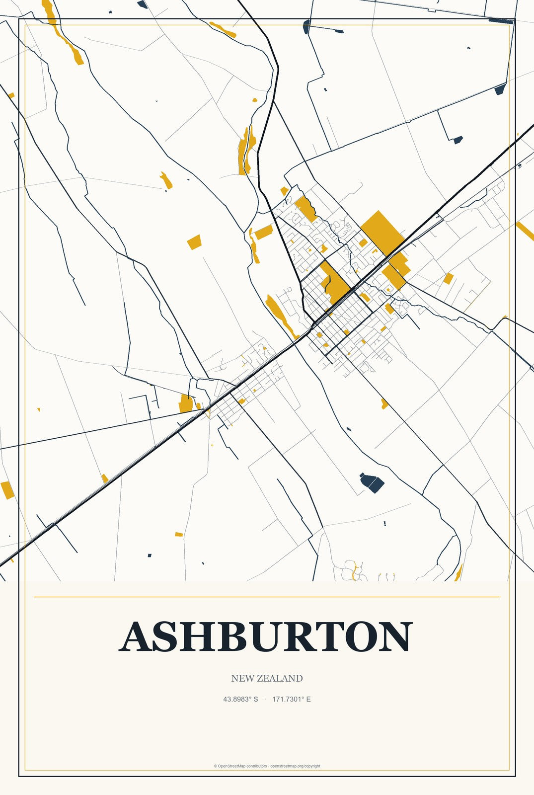 Ashburton, New Zealand City Map Aluminum Sign in Citrine Modern style