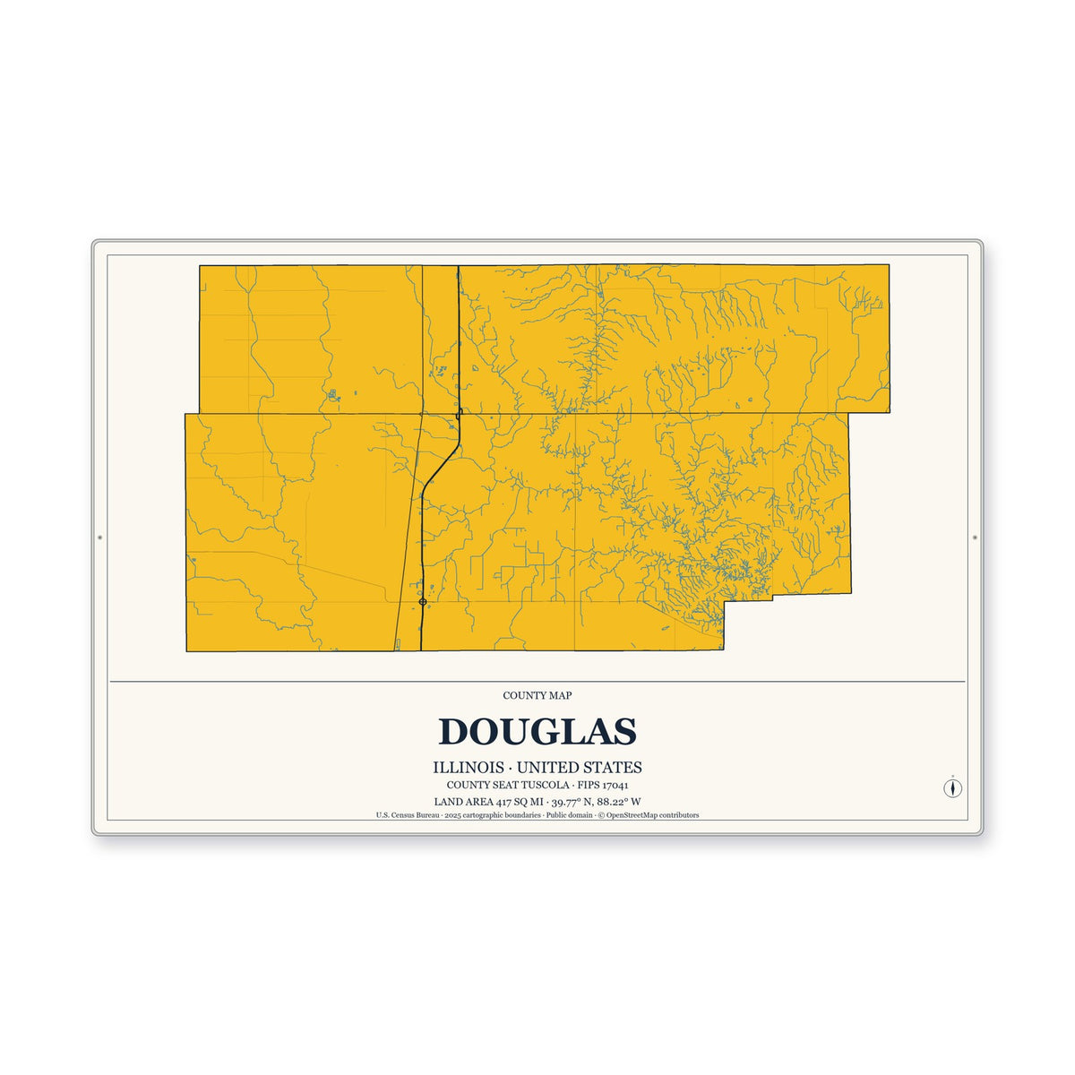 Douglas County, Illinois Map Aluminum Sign in Citrine Modern style