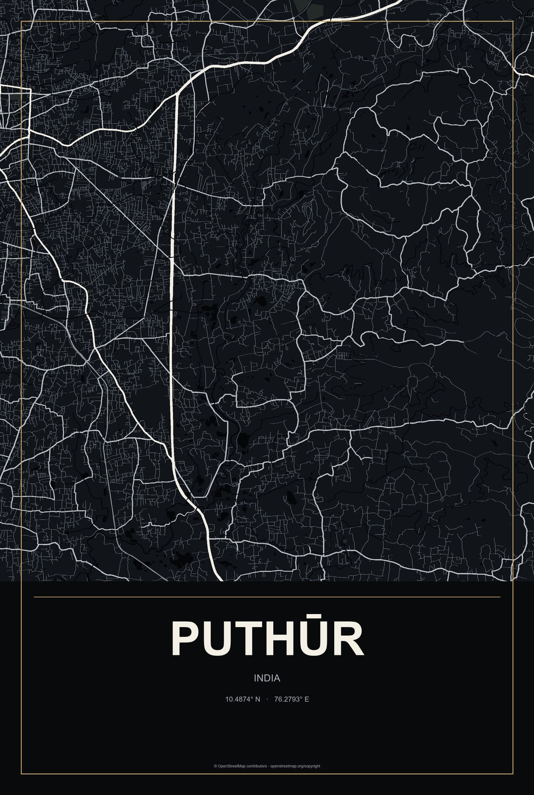 Puthūr, India City Map Aluminum Sign in Metropolitan Noir style