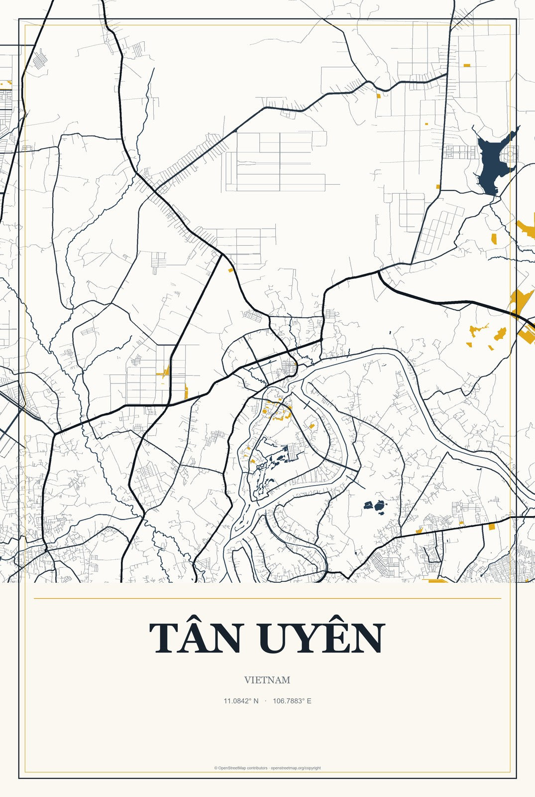 Tân Uyên, Vietnam City Map Aluminum Sign in Citrine Modern style