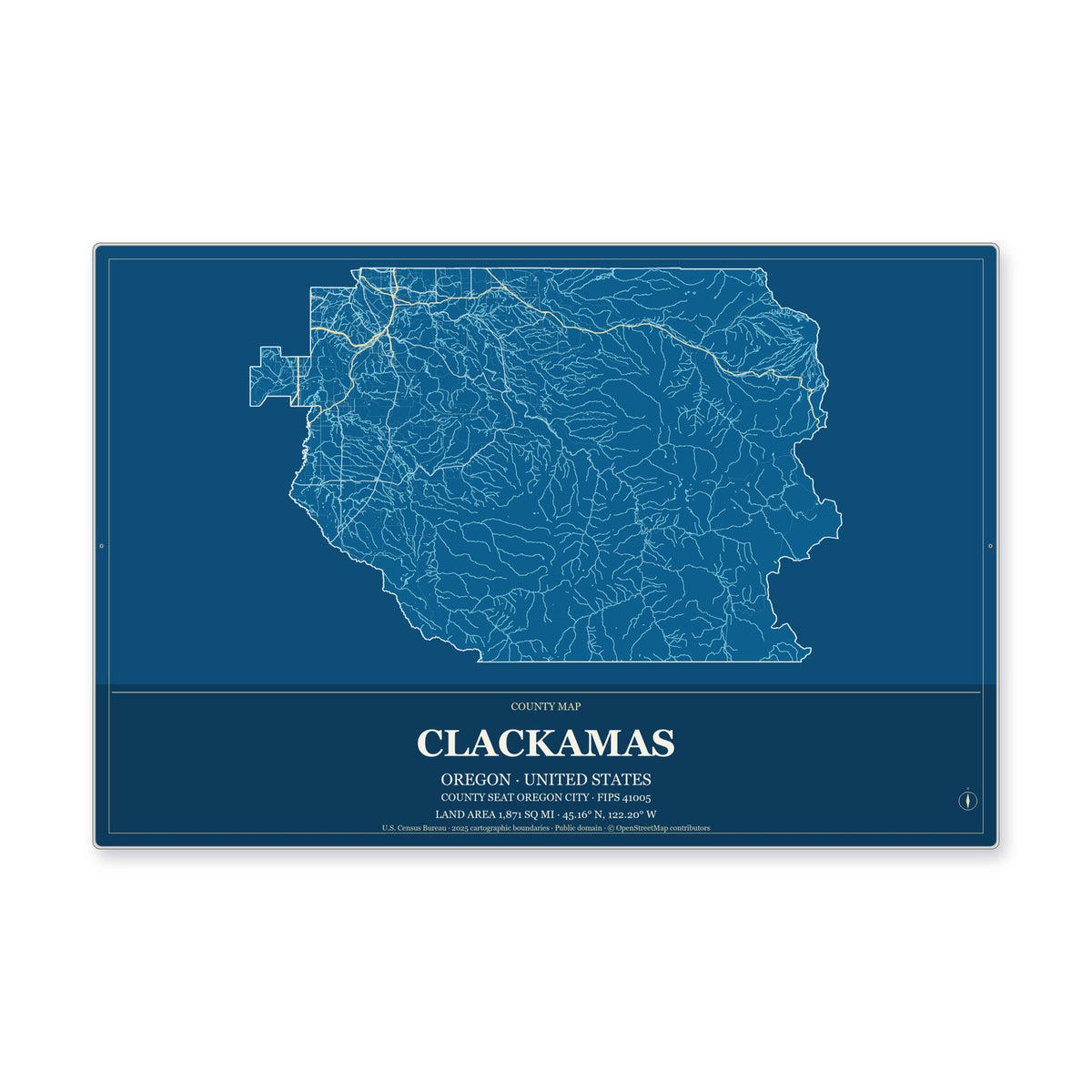 Clackamas County, Oregon Map Aluminum Sign in Harbor Cobalt style