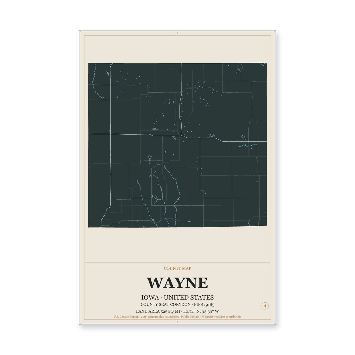 Wayne County, Iowa Map Aluminum Sign in Headline Atlas style