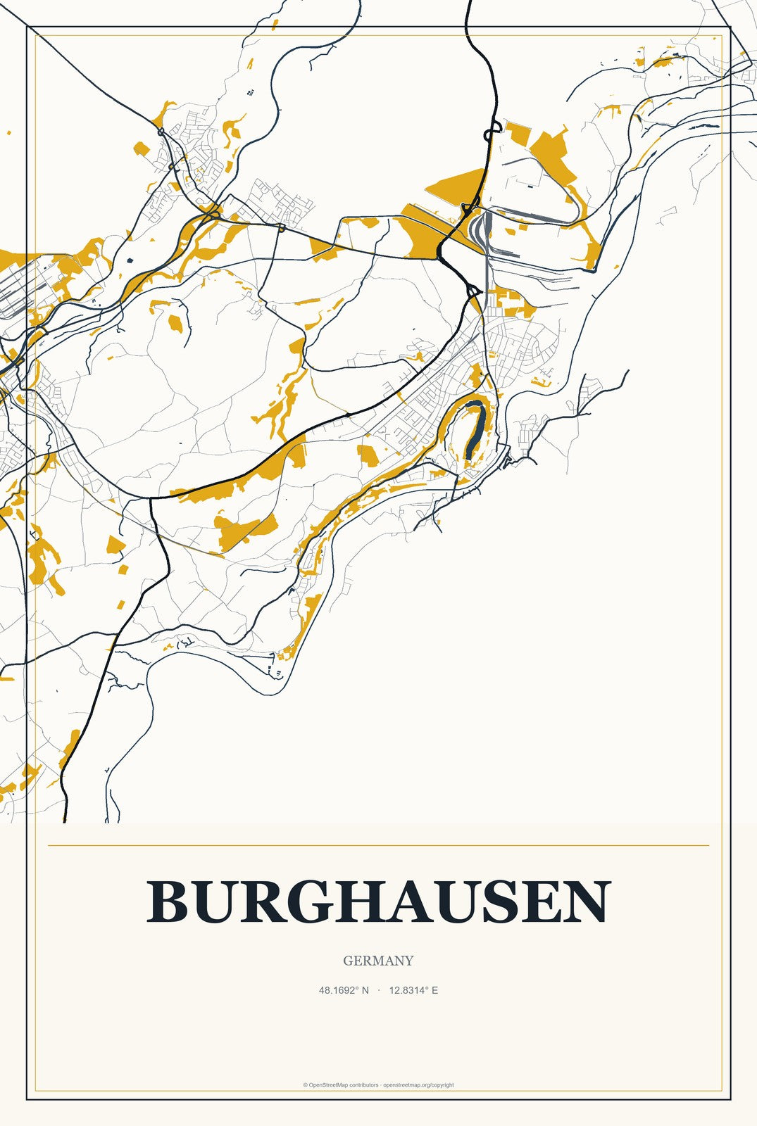 Burghausen, Germany City Map Aluminum Sign in Citrine Modern style