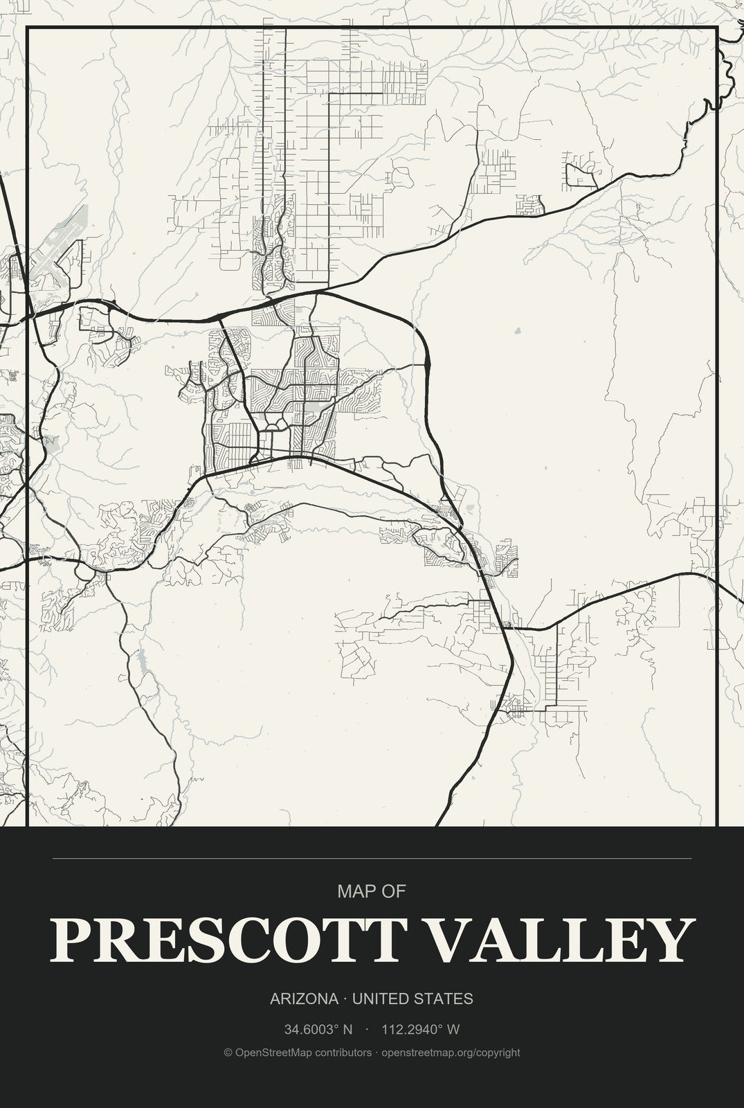 Prescott Valley, Arizona City Map Aluminum Sign in Museum Plaque style