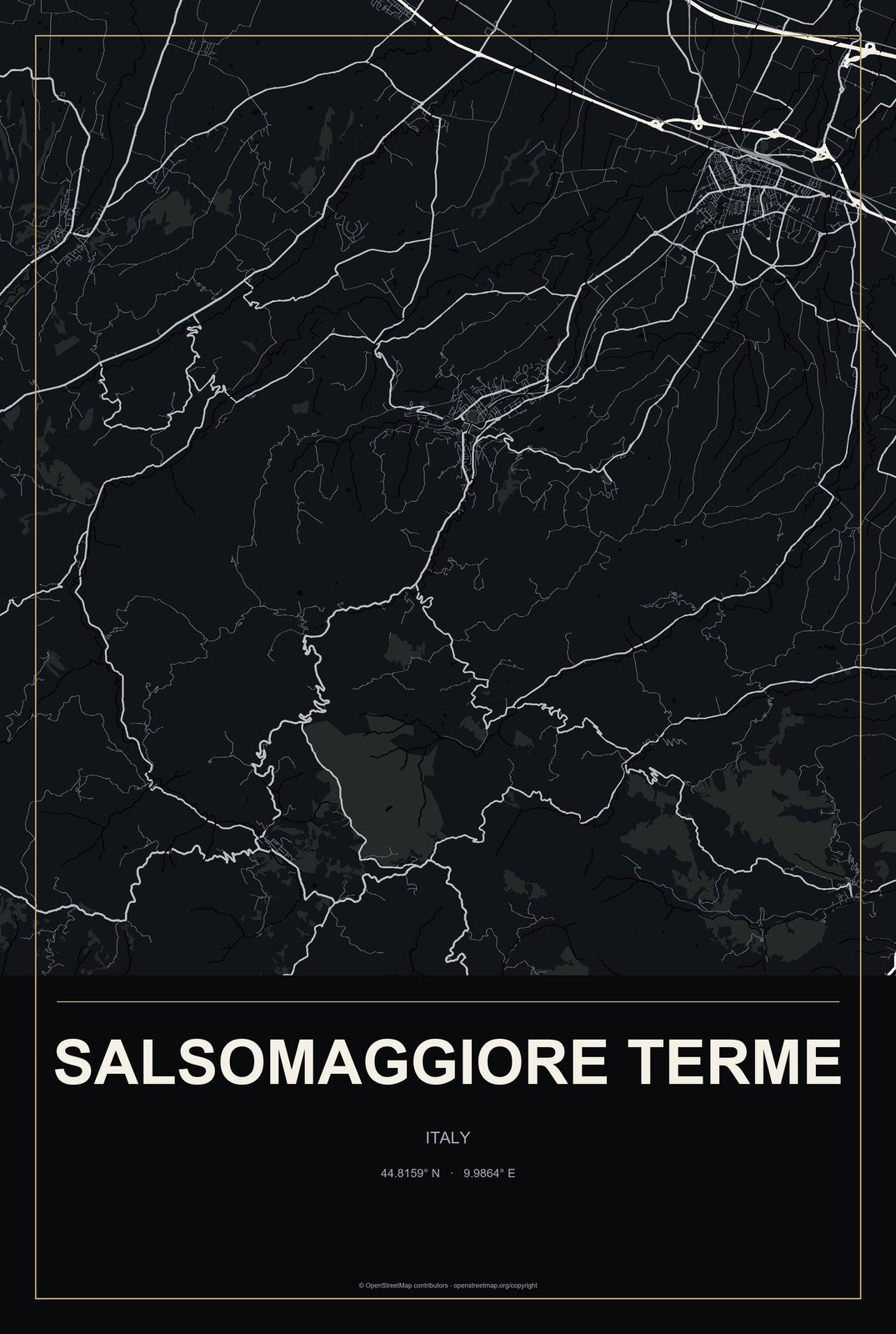 Salsomaggiore Terme, Italy City Map Aluminum Sign in Metropolitan Noir style