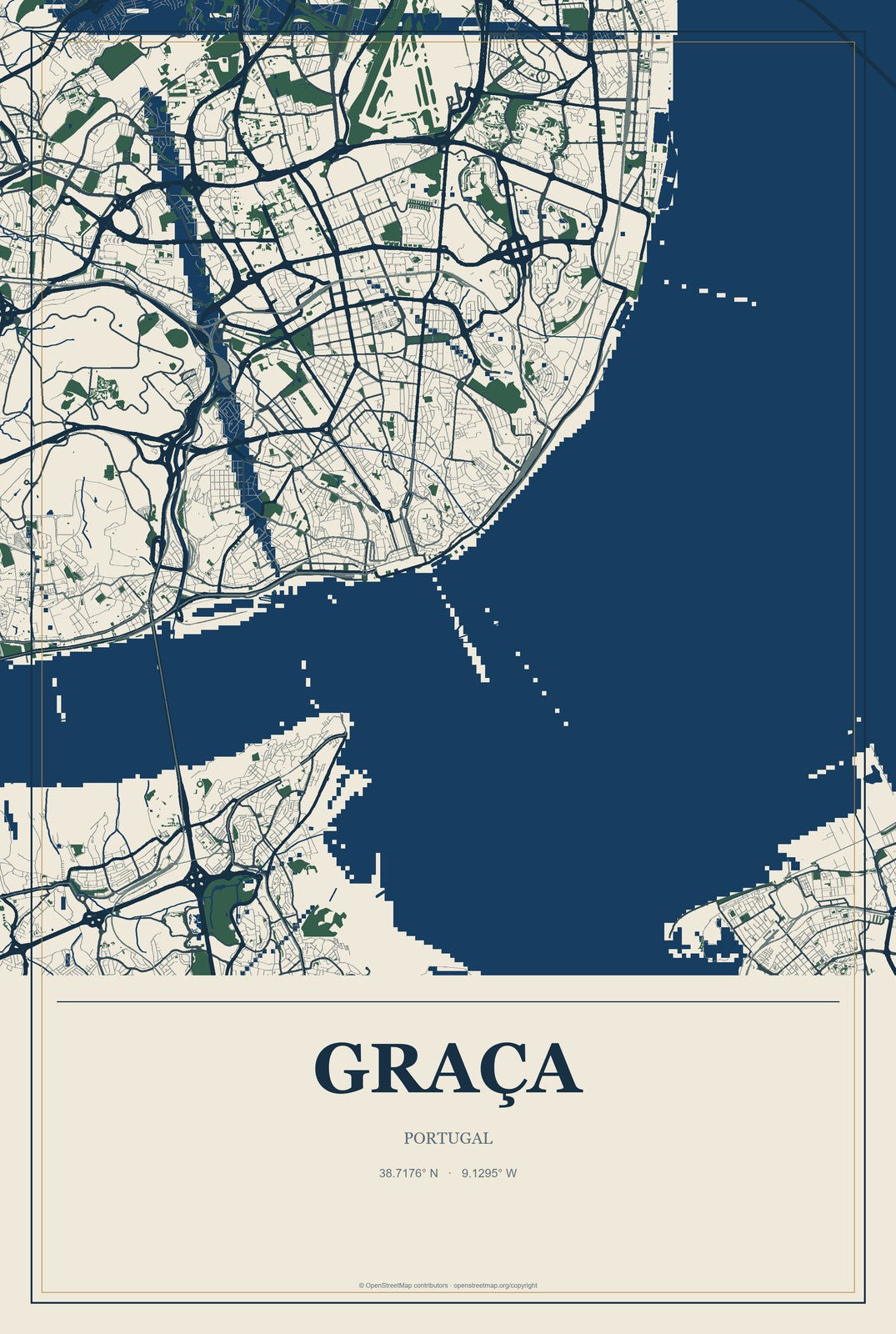 Graça, Portugal City Map Aluminum Sign in Coastal Cutout style