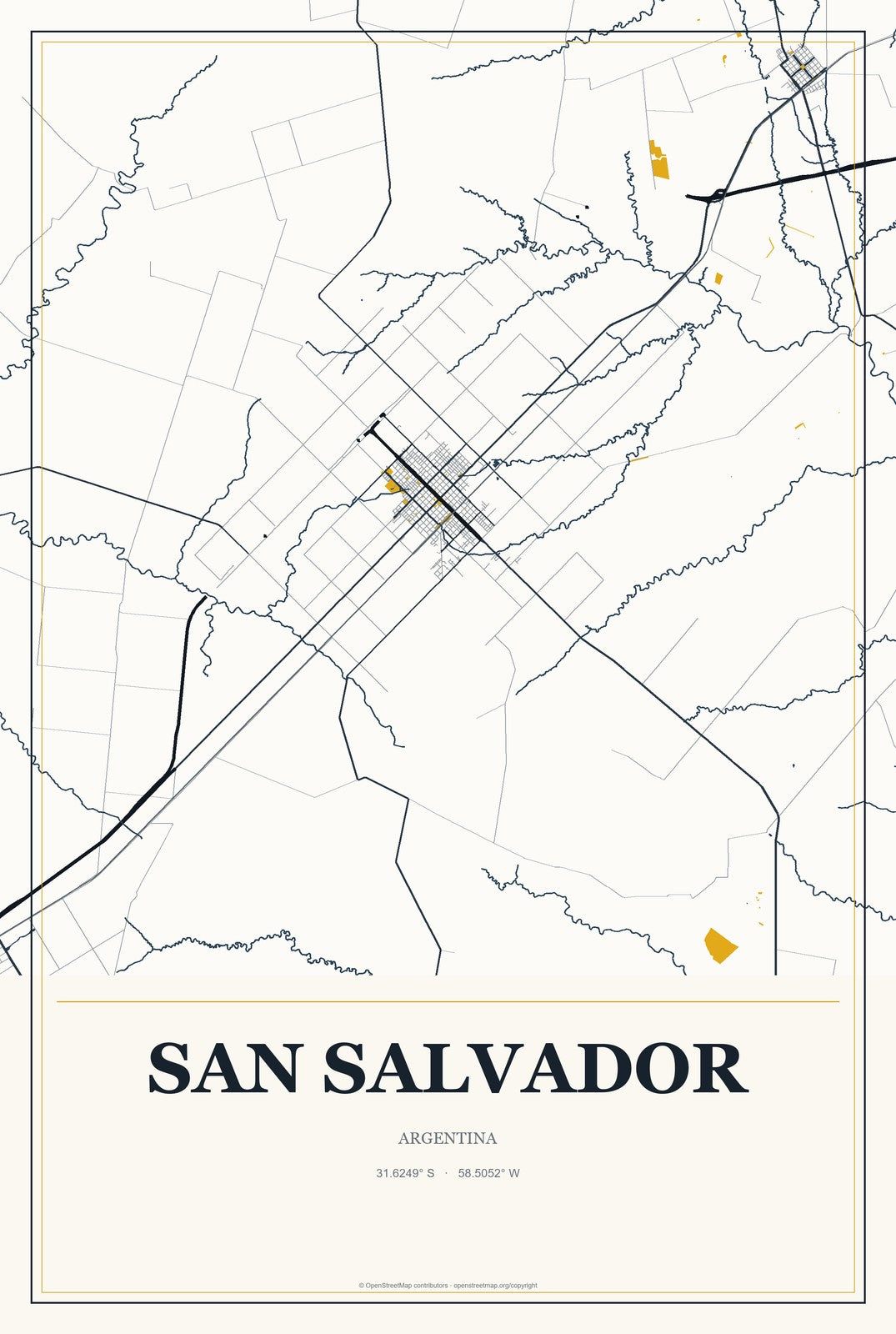 San Salvador, Argentina City Map Aluminum Sign in Citrine Modern style