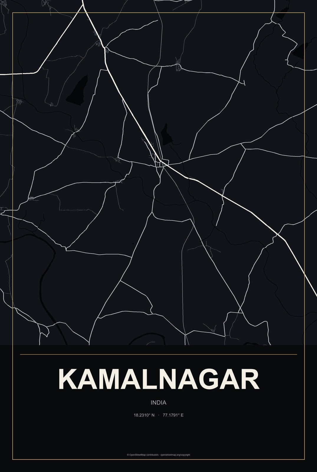 Kamalnagar, India City Map Aluminum Sign in Metropolitan Noir style