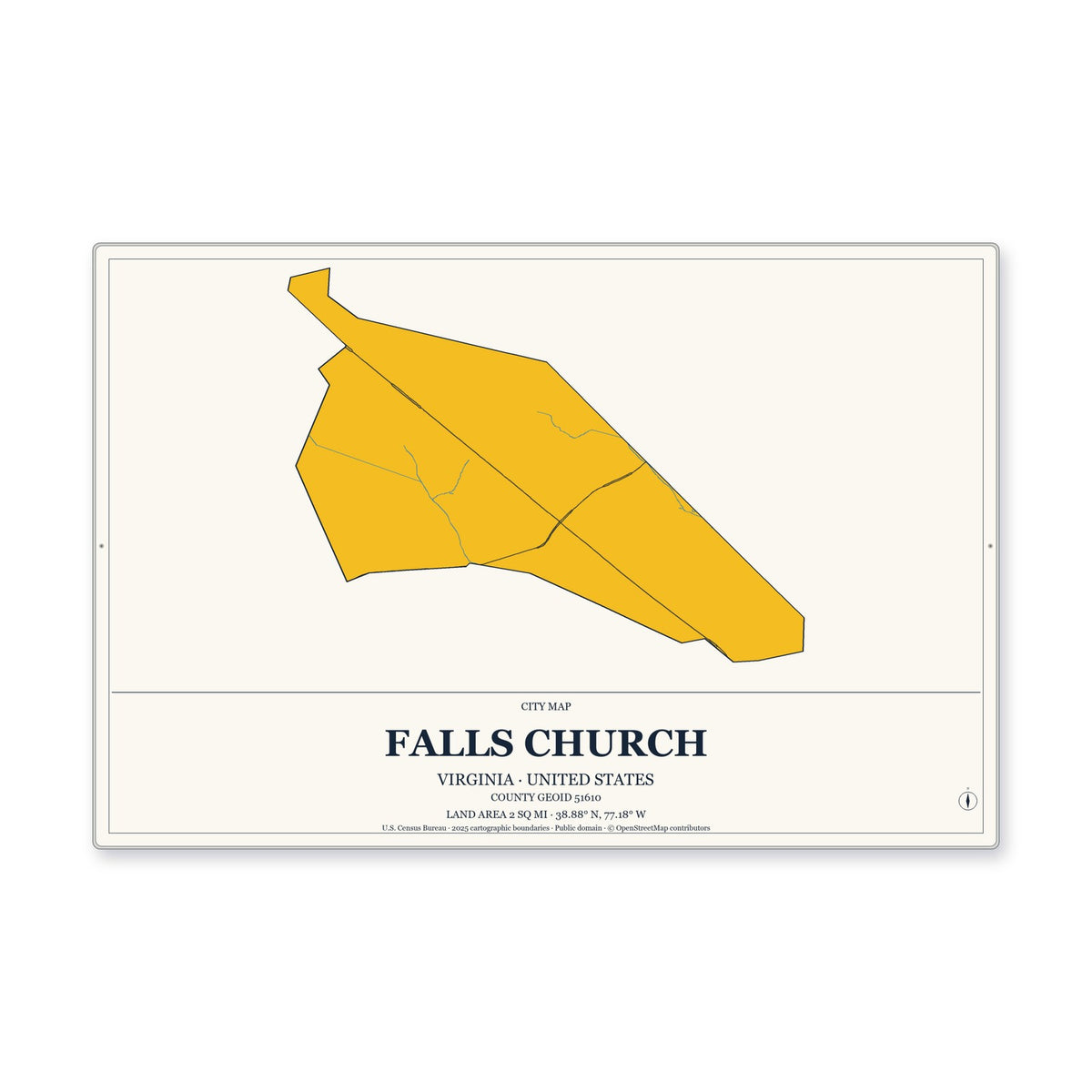 Falls Church city, Virginia Map Aluminum Sign in Citrine Modern style