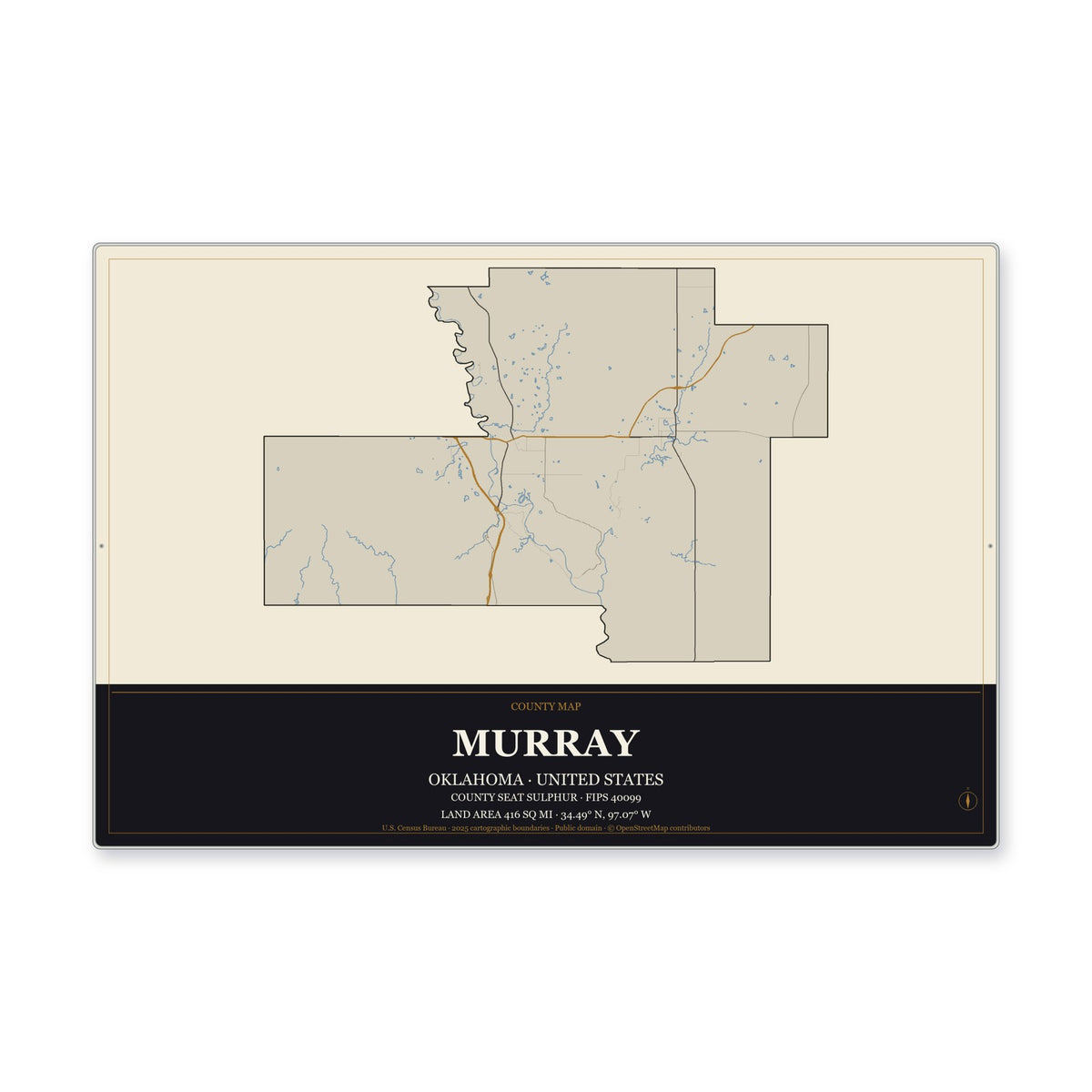 Murray County, Oklahoma Map Aluminum Sign in Museum Plaque style
