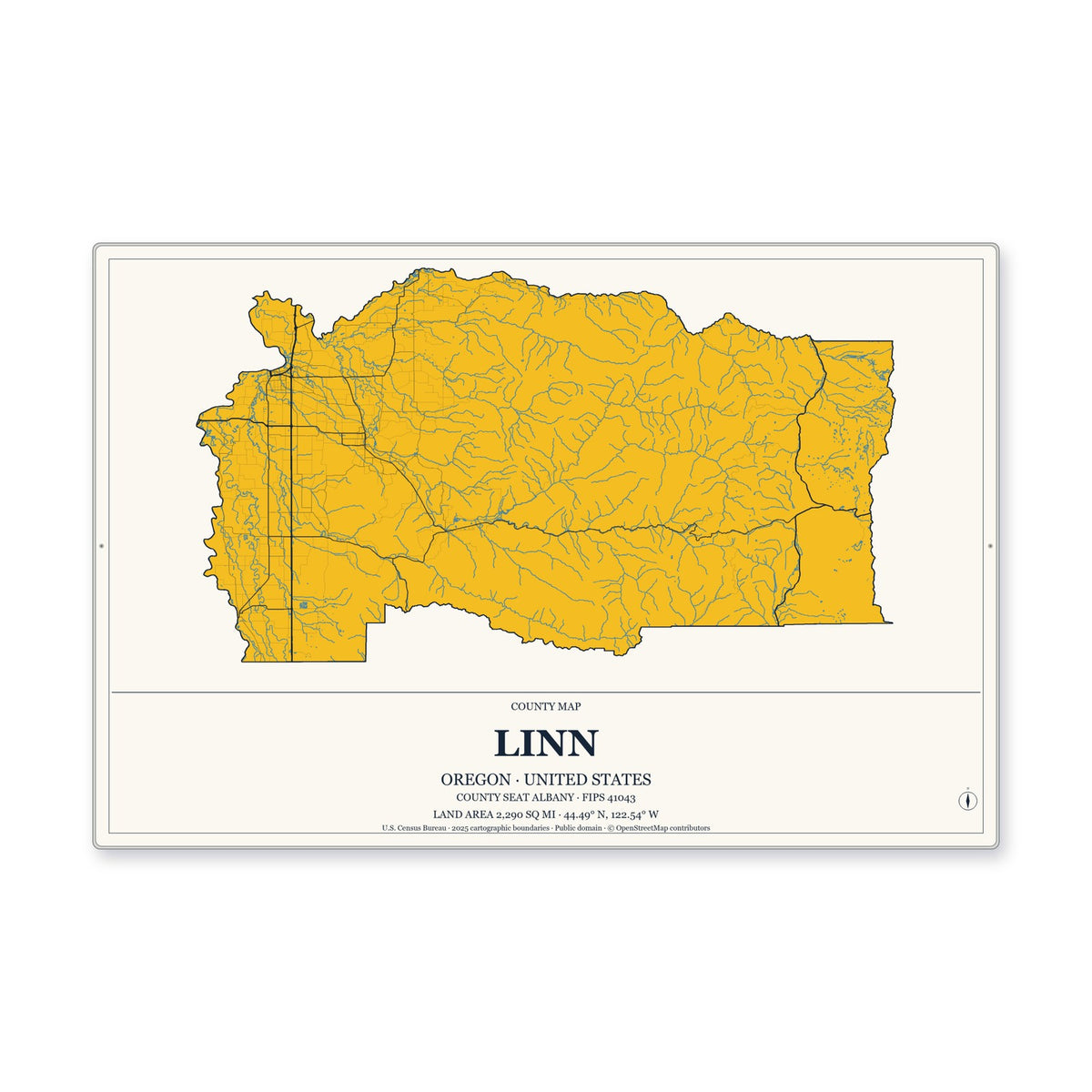 Linn County, Oregon Map Aluminum Sign in Citrine Modern style