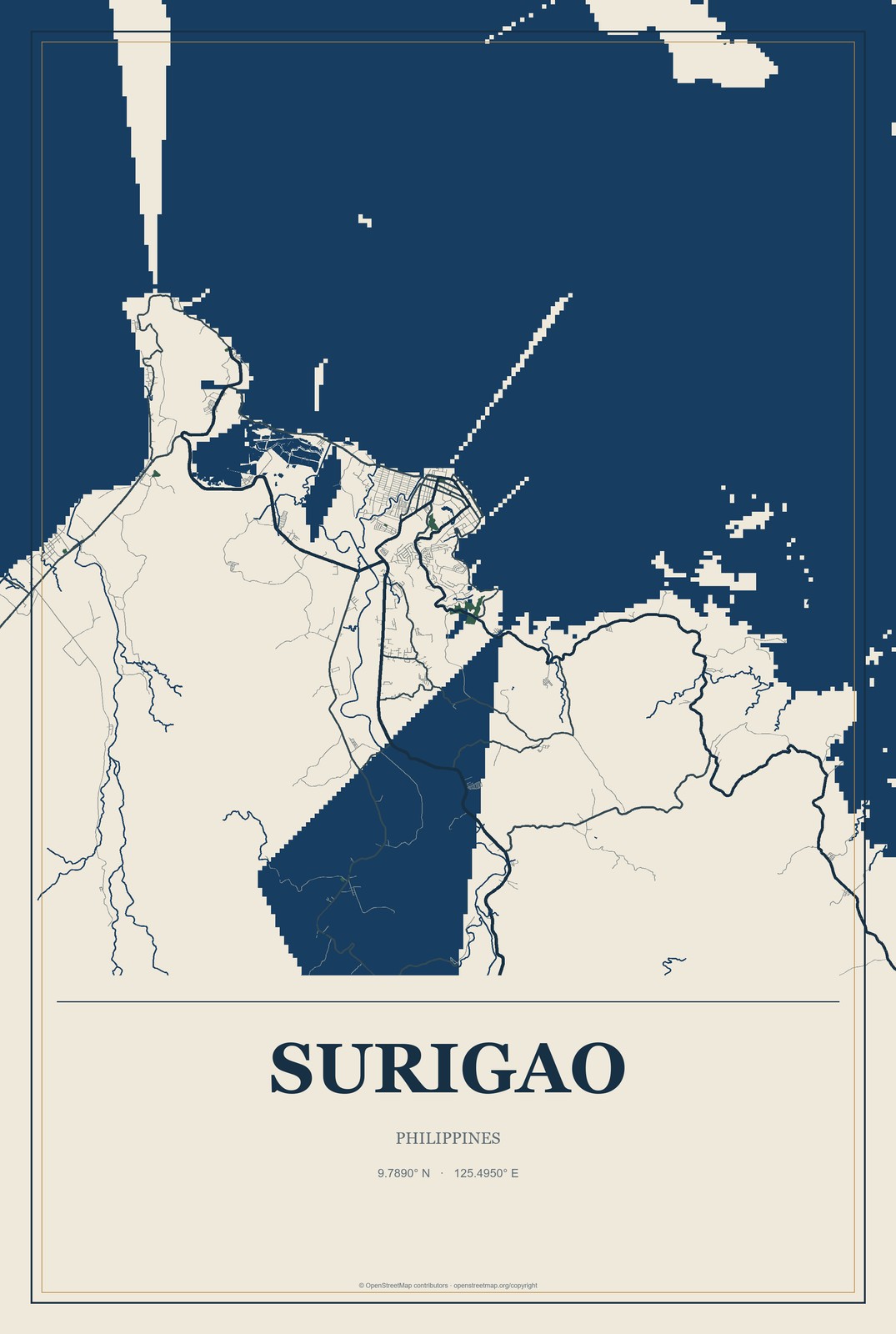 Surigao, Philippines City Map Aluminum Sign in Coastal Cutout style