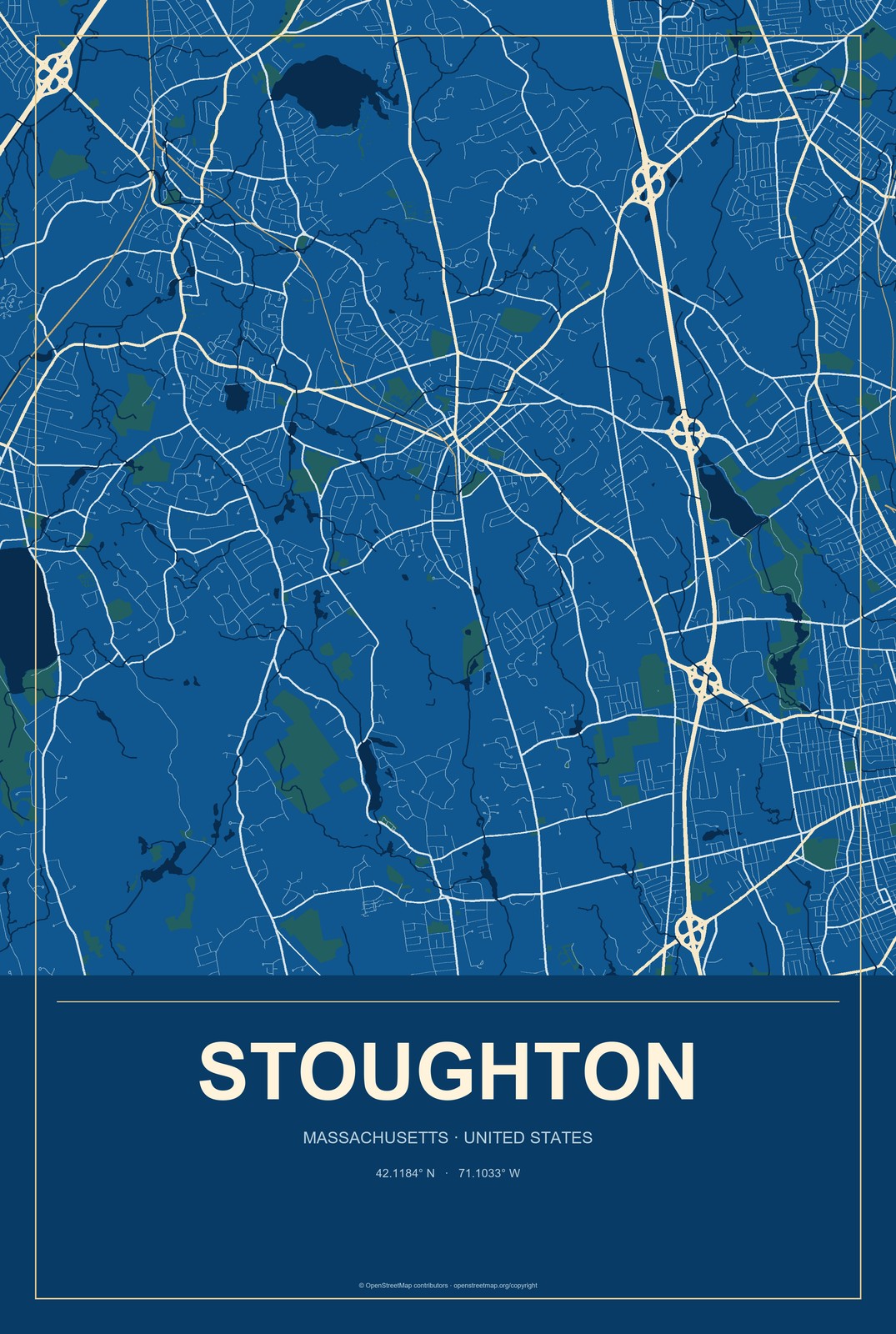 Stoughton, Massachusetts City Map Aluminum Sign in Harbor Cobalt style
