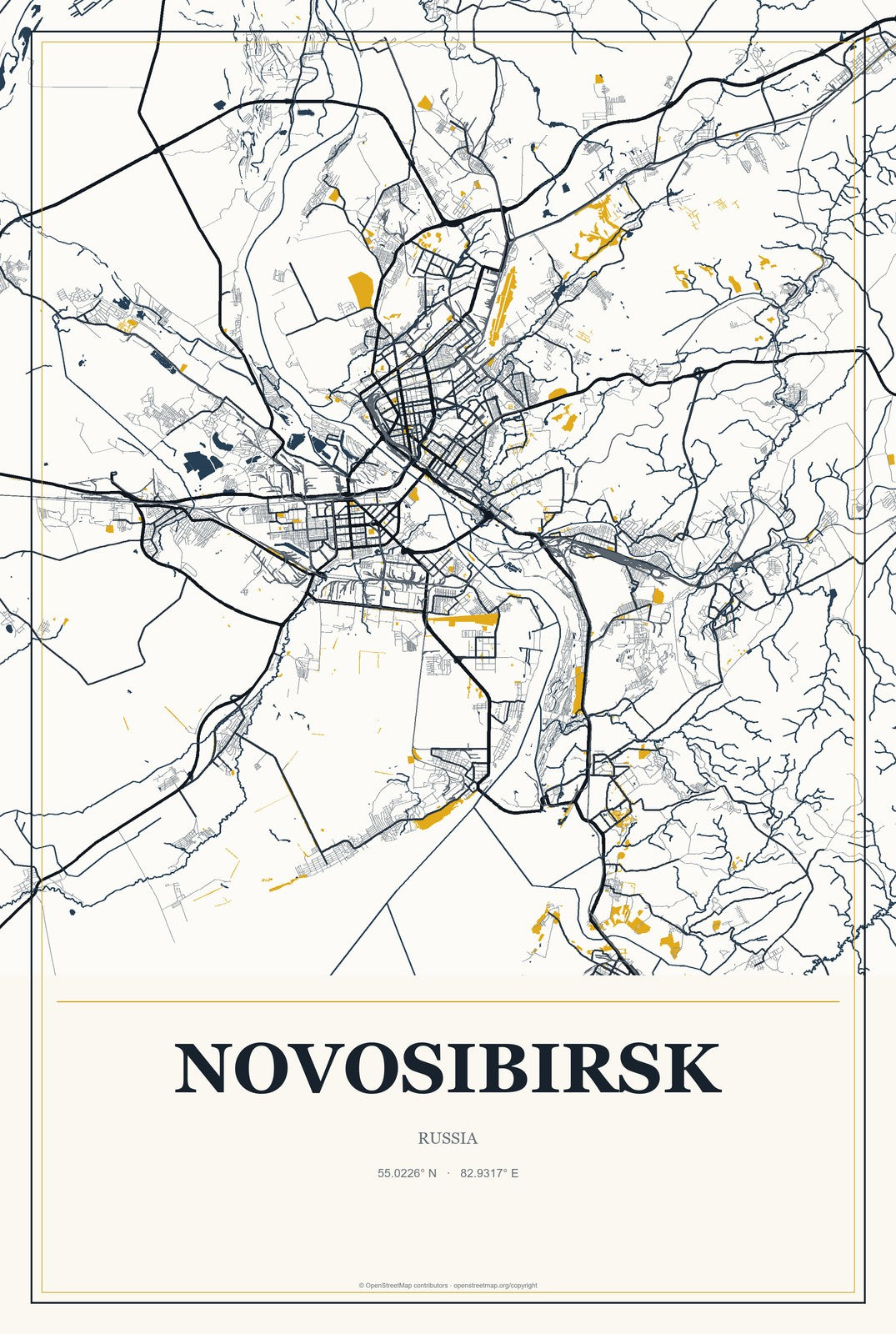Novosibirsk, Russia City Map Aluminum Sign in Citrine Modern style