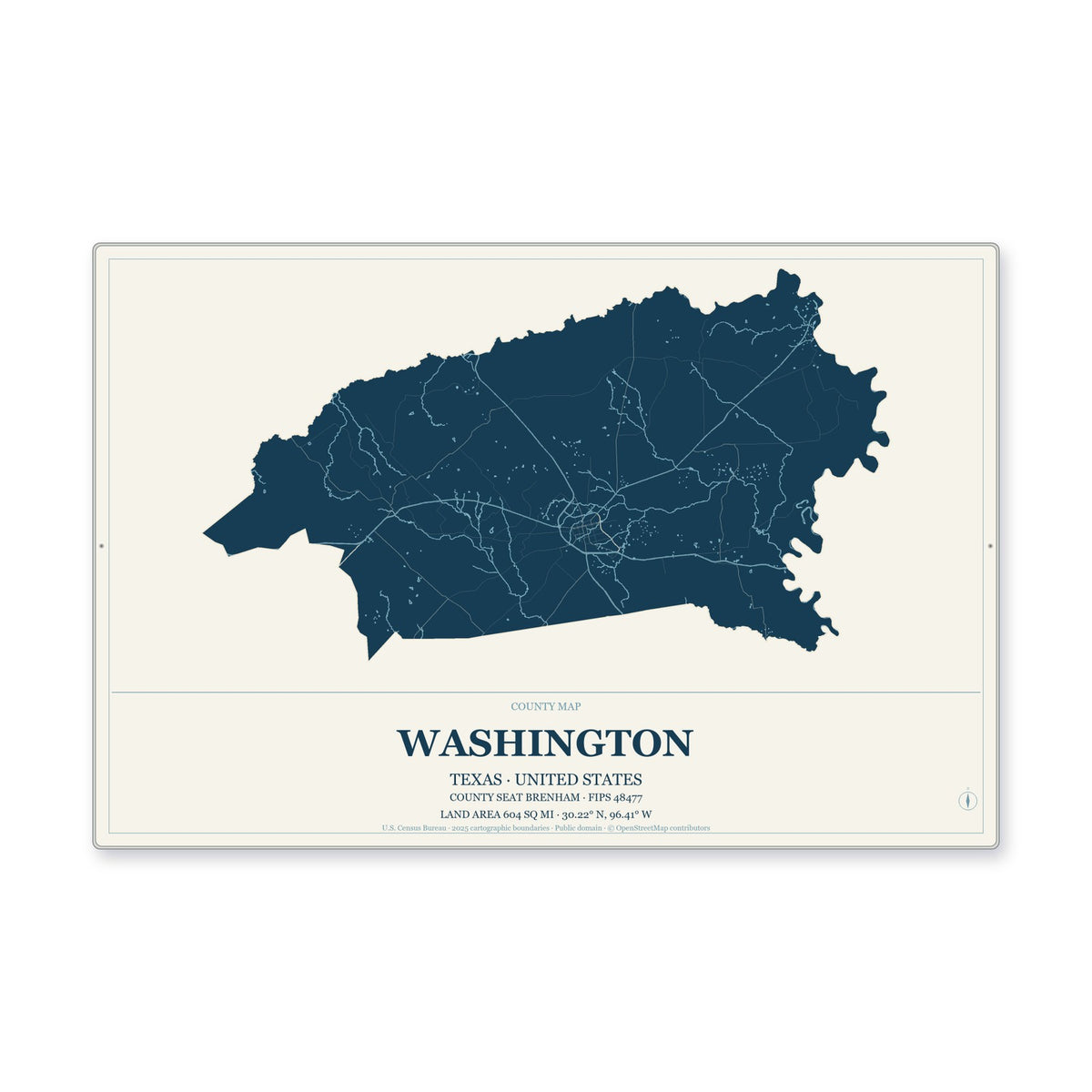 Washington County, Texas Map Aluminum Sign in Coastal Cutout style