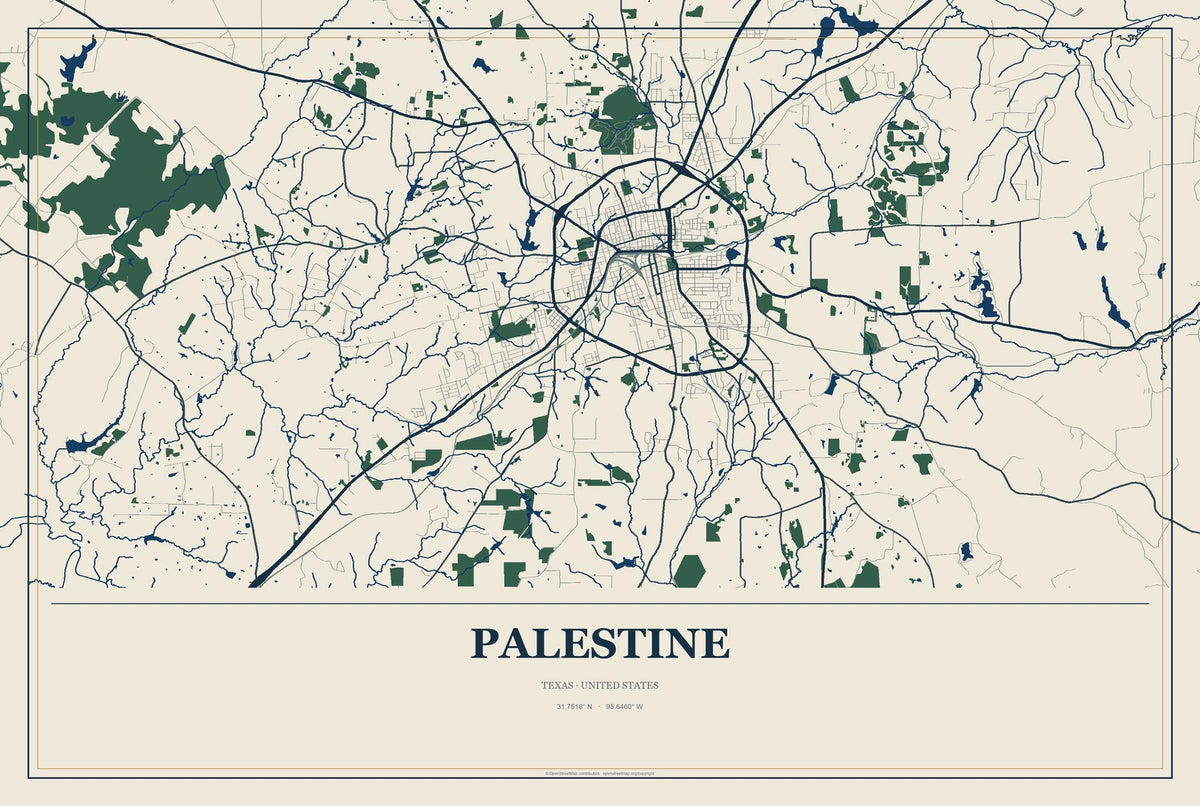 Palestine, Texas City Map Aluminum Sign in Coastal Cutout style