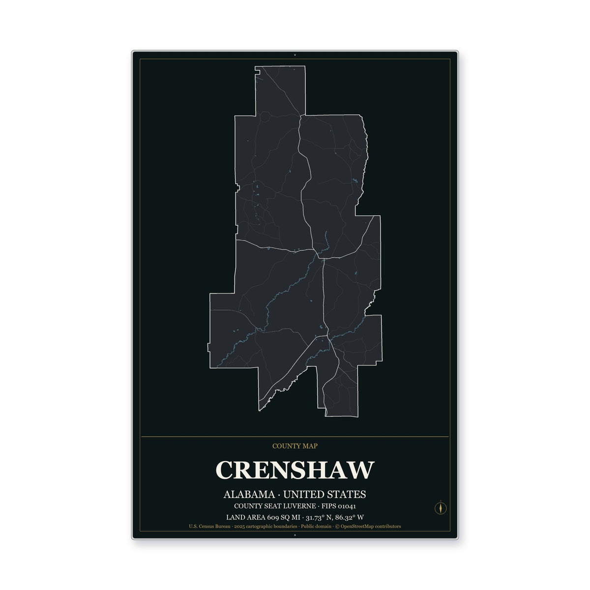 Crenshaw County, Alabama Map Aluminum Sign in Metropolitan Noir style