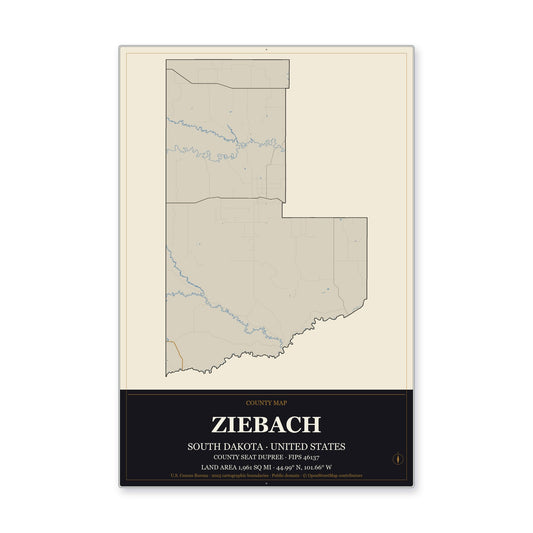 Ziebach County, South Dakota Map Aluminum Sign in Museum Plaque style