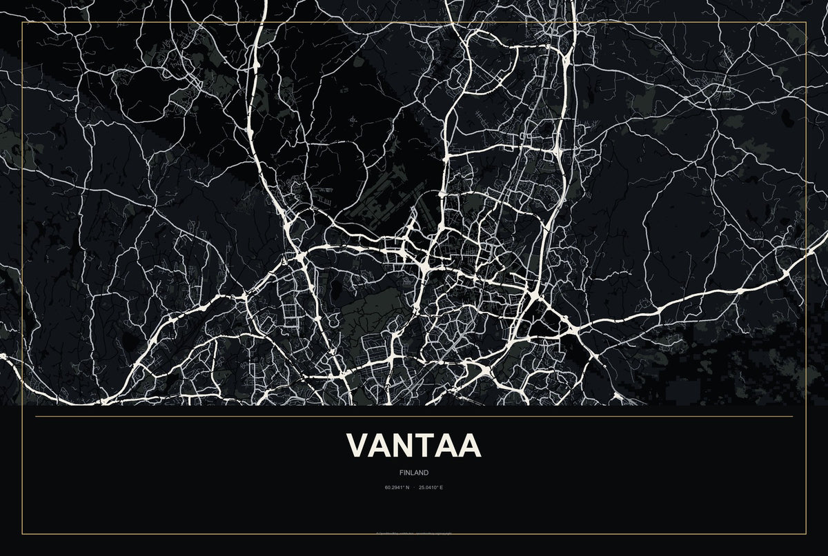 Vantaa, Finland City Map Aluminum Sign in Metropolitan Noir style
