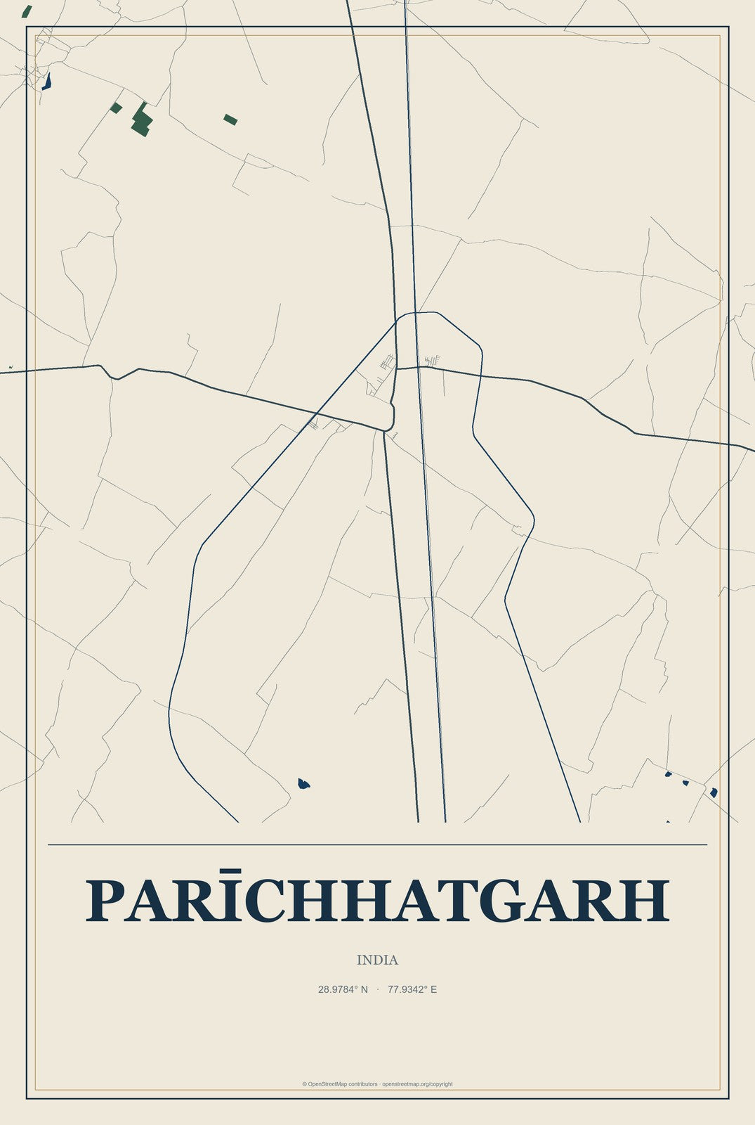 Parīchhatgarh, India City Map Aluminum Sign in Coastal Cutout style