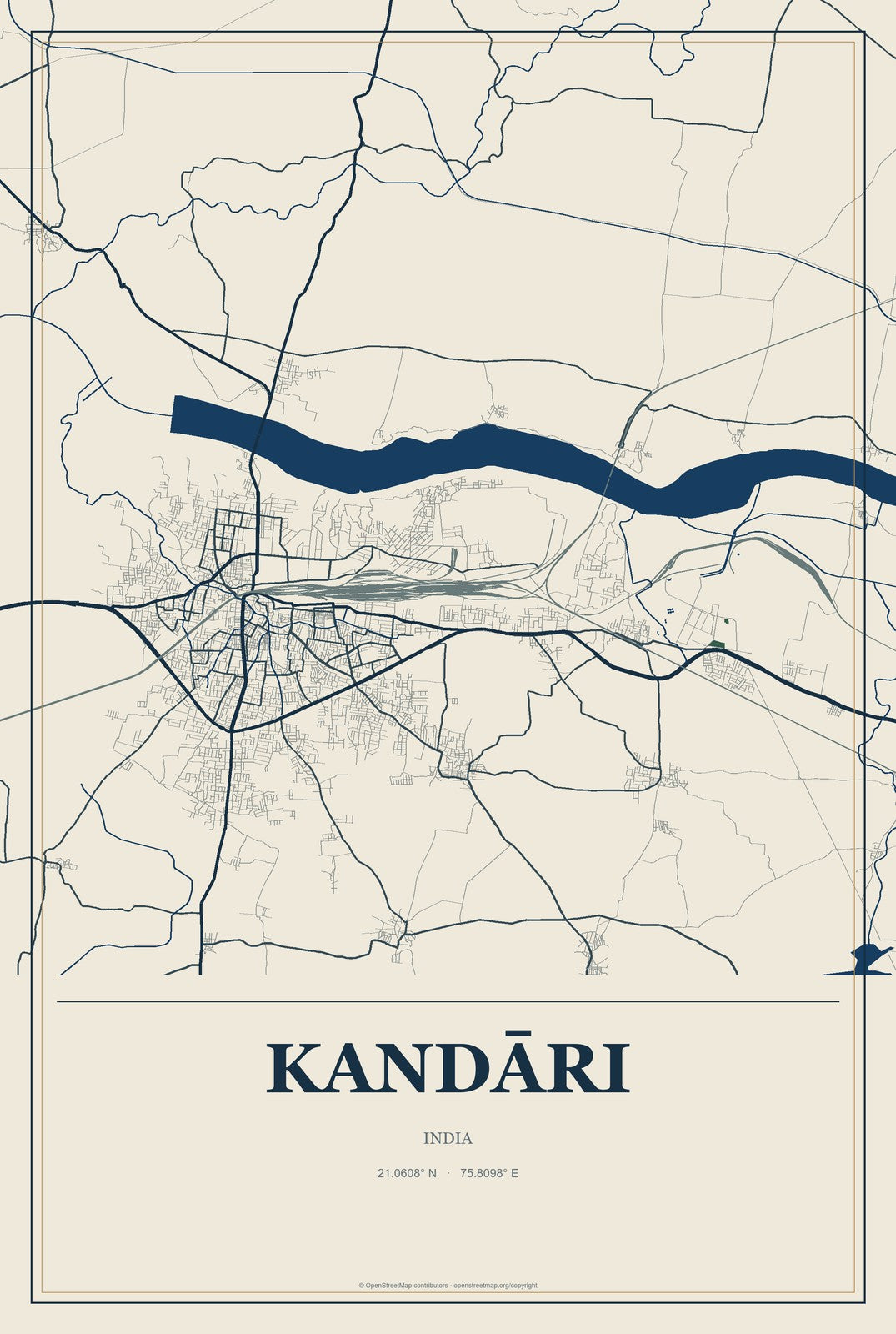 Kandāri, India City Map Aluminum Sign in Coastal Cutout style