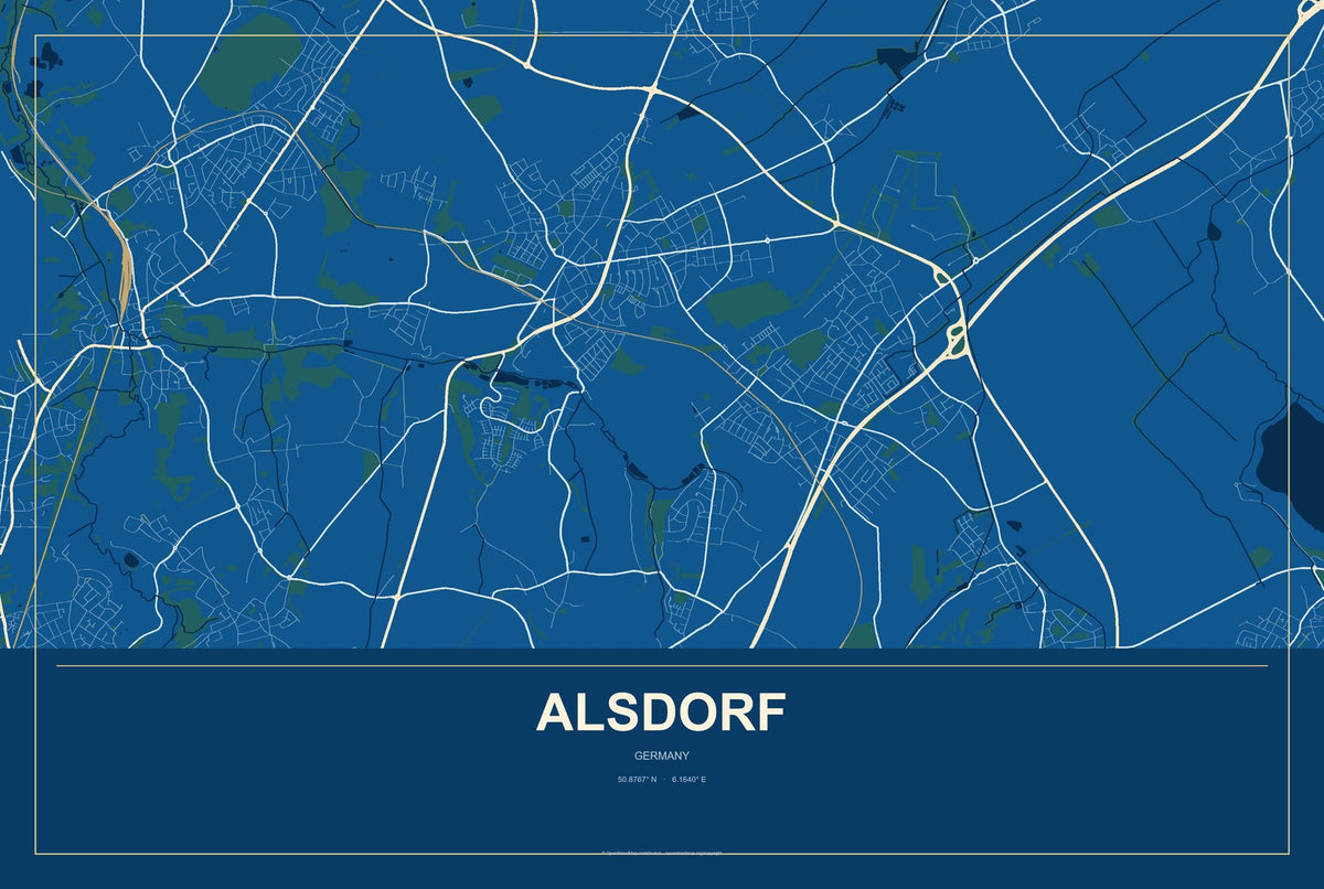 Alsdorf, Germany City Map Aluminum Sign in Harbor Cobalt style