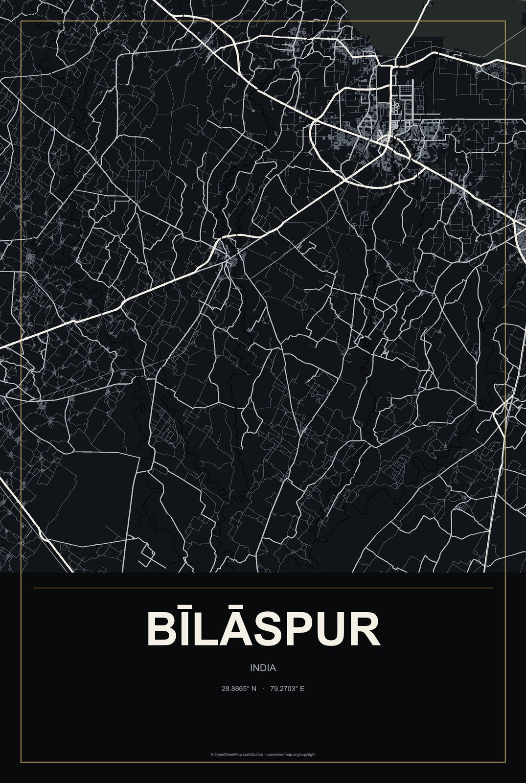 Bīlāspur, India City Map Aluminum Sign in Metropolitan Noir style
