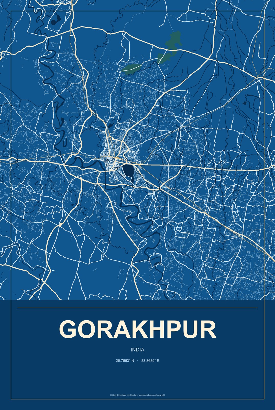 Gorakhpur, Haryana, India City Map Aluminum Sign in Harbor Cobalt style