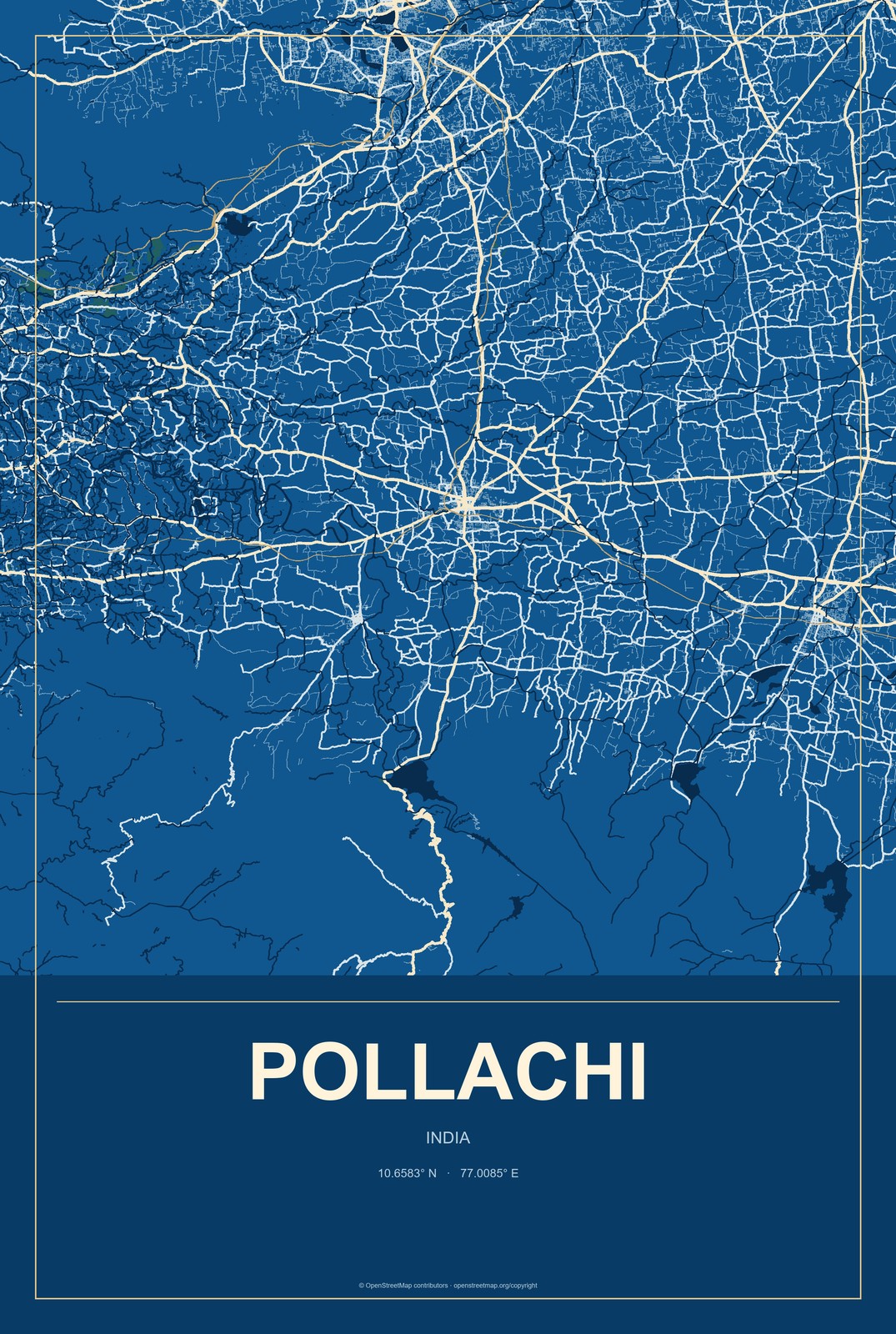 Pollachi, India City Map Aluminum Sign in Harbor Cobalt style