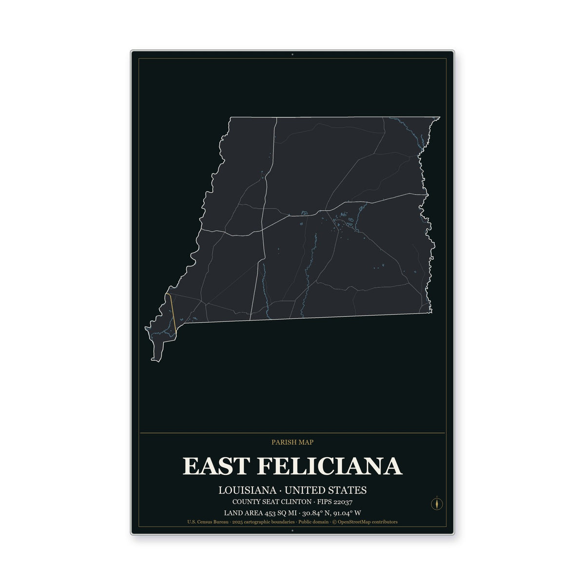 East Feliciana Parish, Louisiana Map Aluminum Sign in Metropolitan Noir style