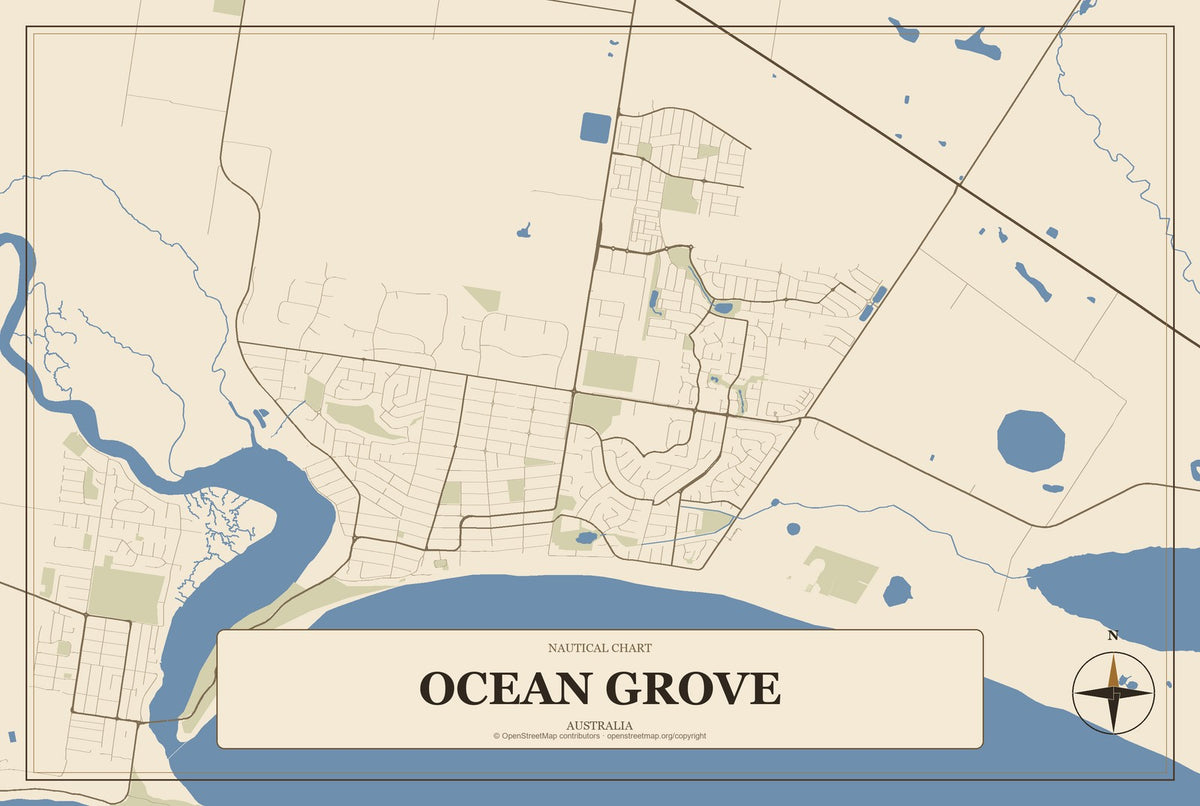 Ocean Grove, Australia City Map Aluminum Sign in Heritage Nautical style