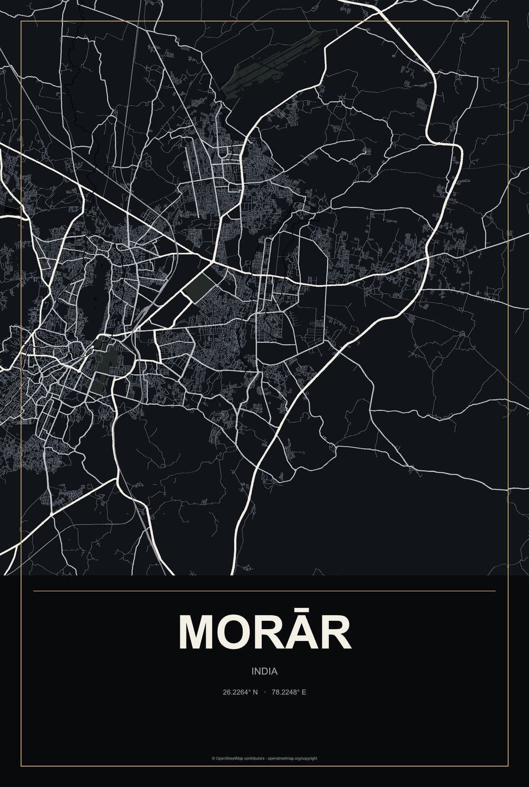 Morār, India City Map Aluminum Sign in Metropolitan Noir style