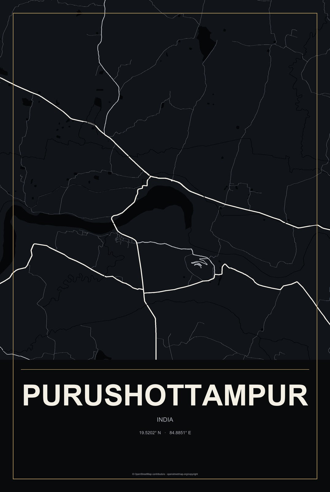 Purushottampur, India City Map Aluminum Sign in Metropolitan Noir style