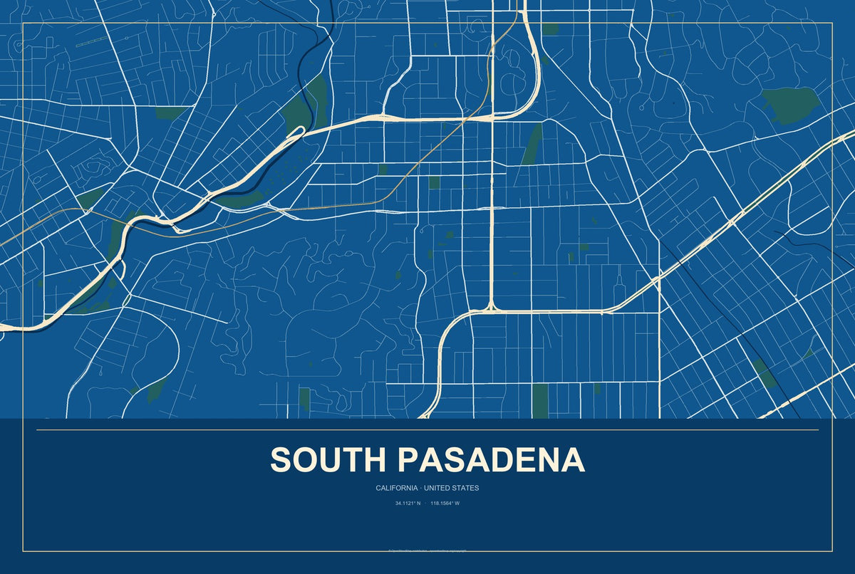 South Pasadena, California City Map Aluminum Sign in Harbor Cobalt style
