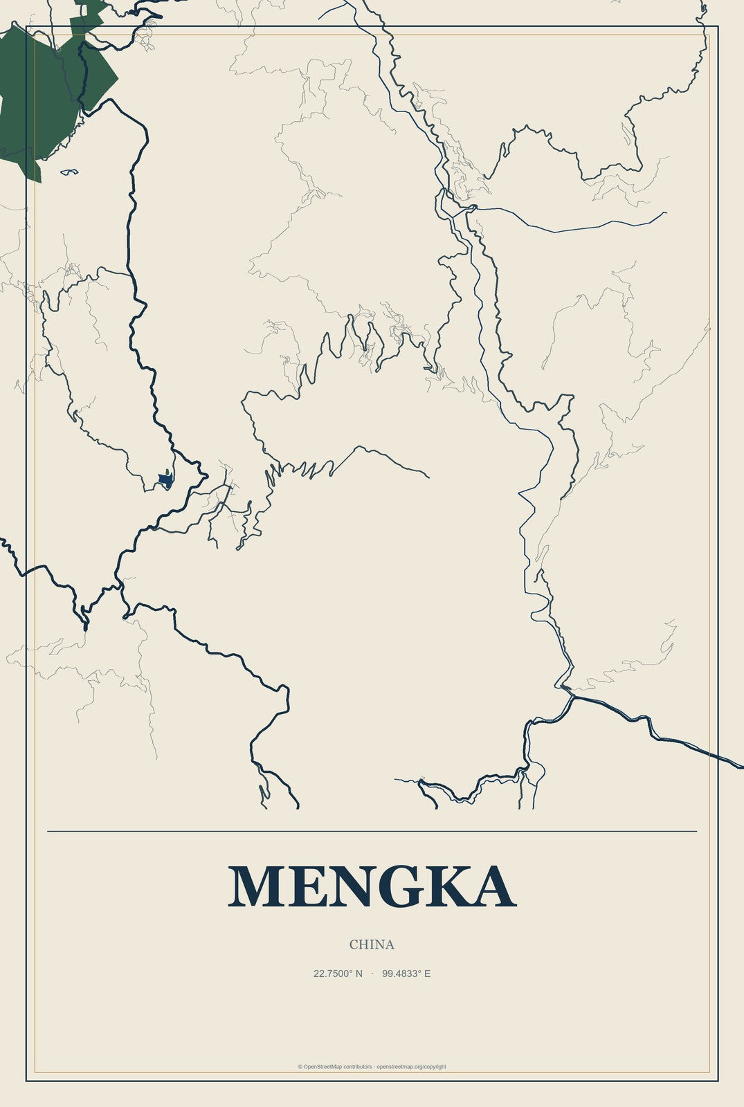 Mengka, China City Map Aluminum Sign in Coastal Cutout style
