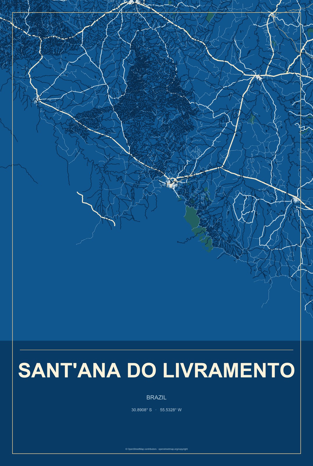 Sant'Ana do Livramento, Brazil City Map Aluminum Sign in Harbor Cobalt style