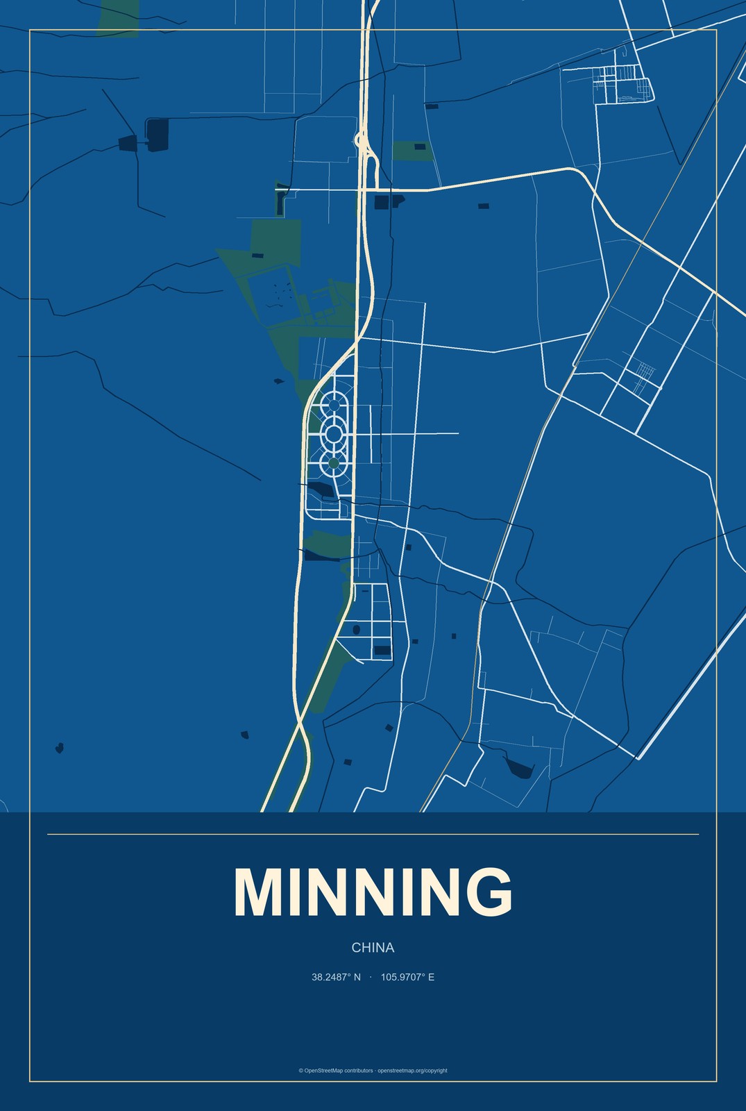Minning, China City Map Aluminum Sign in Harbor Cobalt style