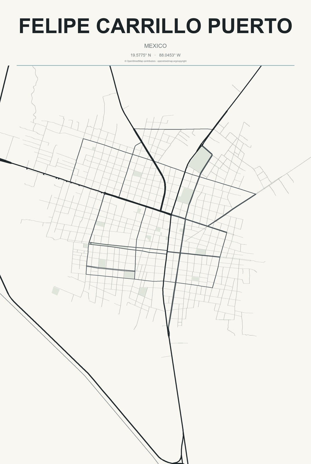 Felipe Carrillo Puerto, Quintana Roo, Mexico City Map Aluminum Sign in Headline Atlas style