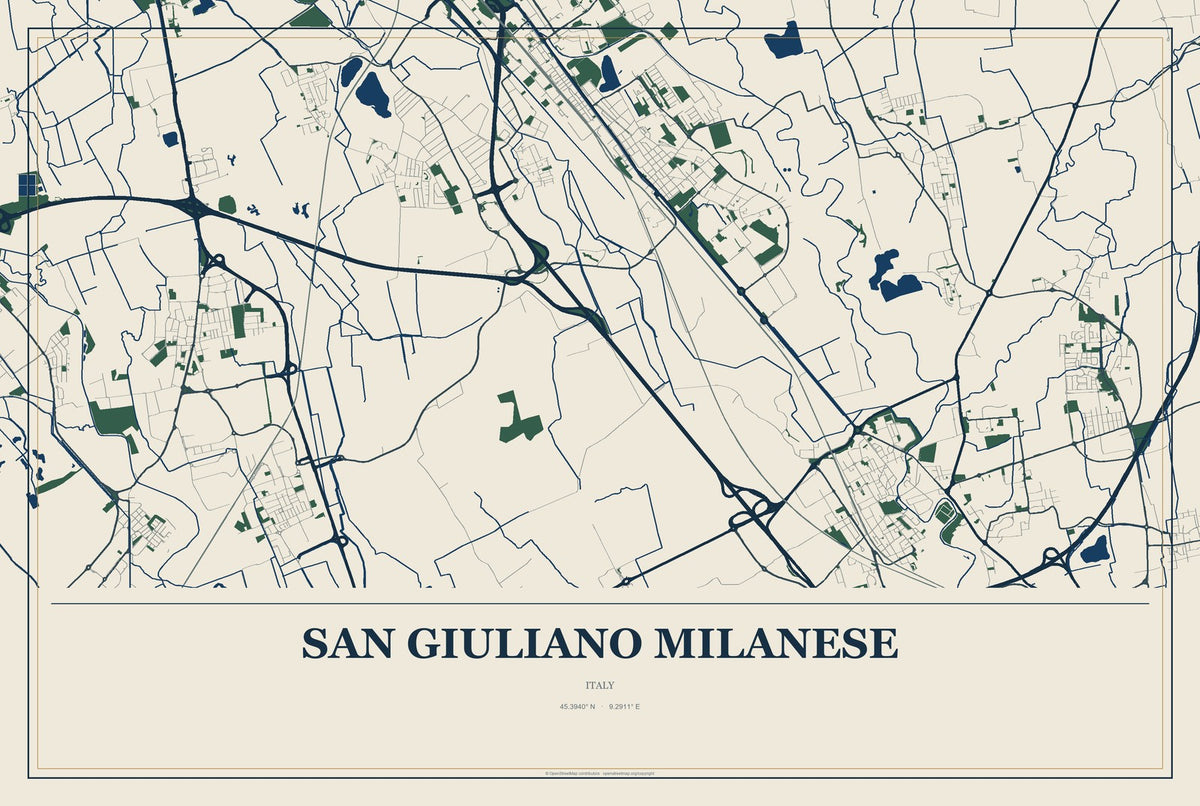 San Giuliano Milanese, Italy City Map Aluminum Sign in Coastal Cutout style