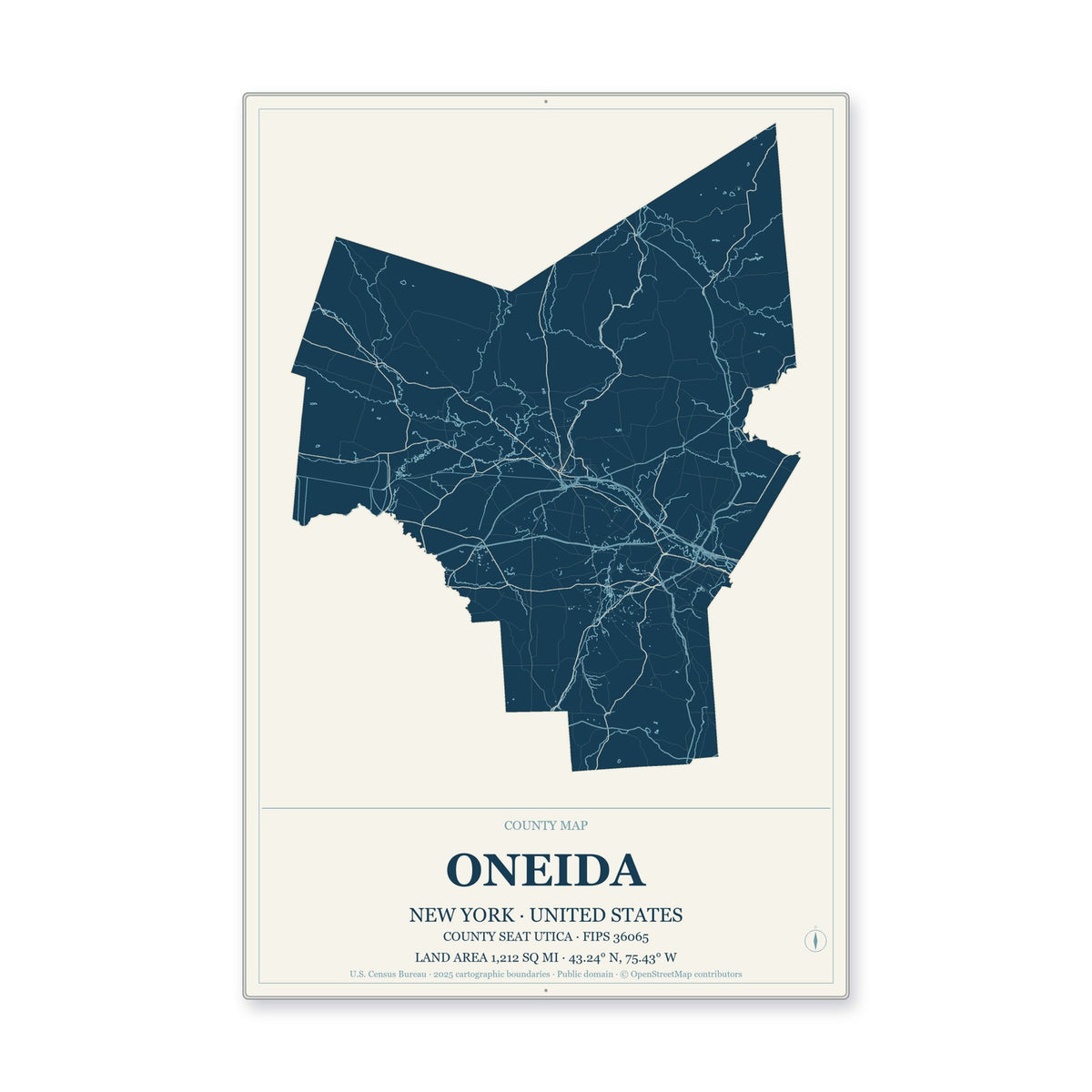 Oneida County, New York Map Aluminum Sign in Coastal Cutout style