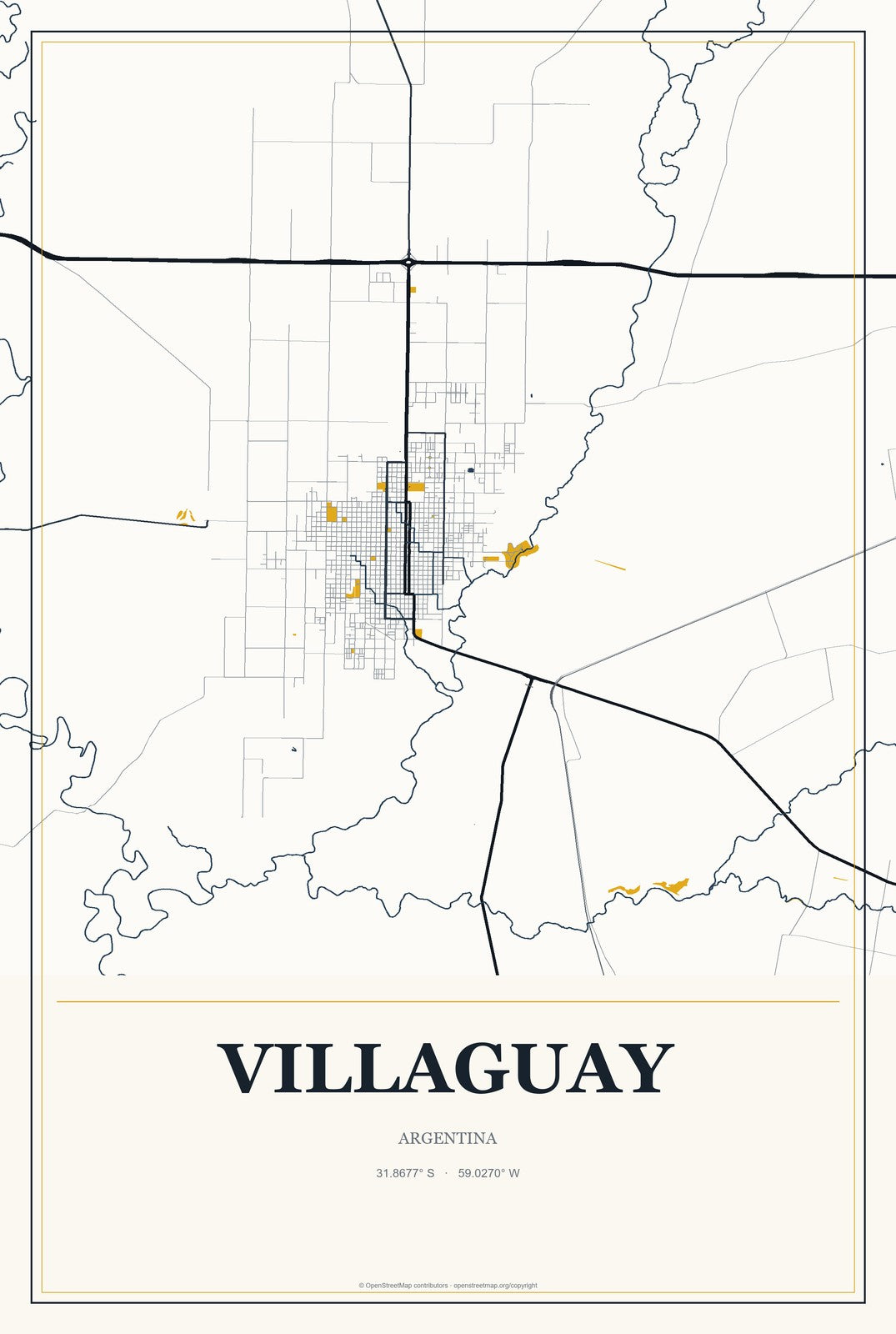 Villaguay, Argentina City Map Aluminum Sign in Citrine Modern style