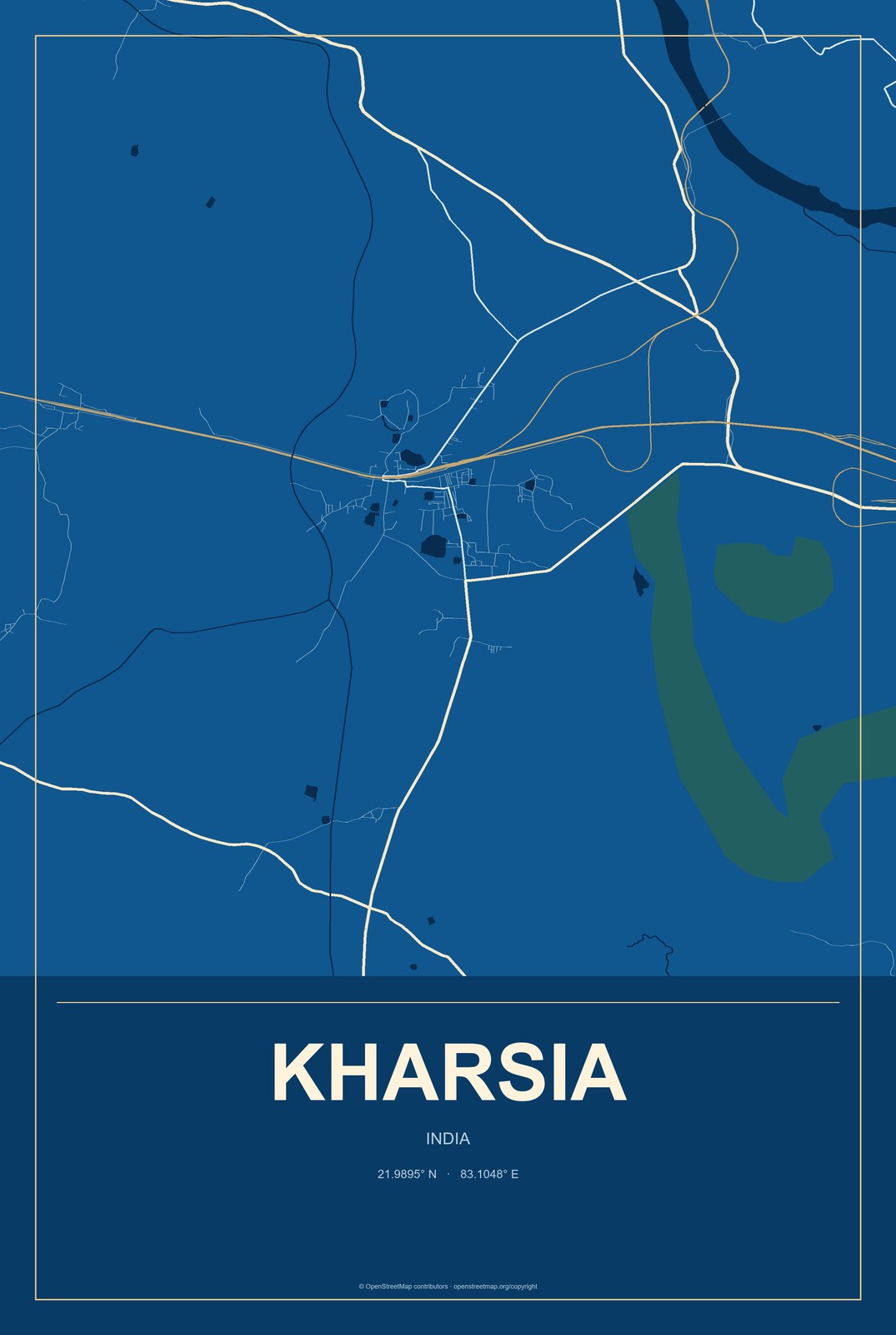 Kharsia, India City Map Aluminum Sign in Harbor Cobalt style