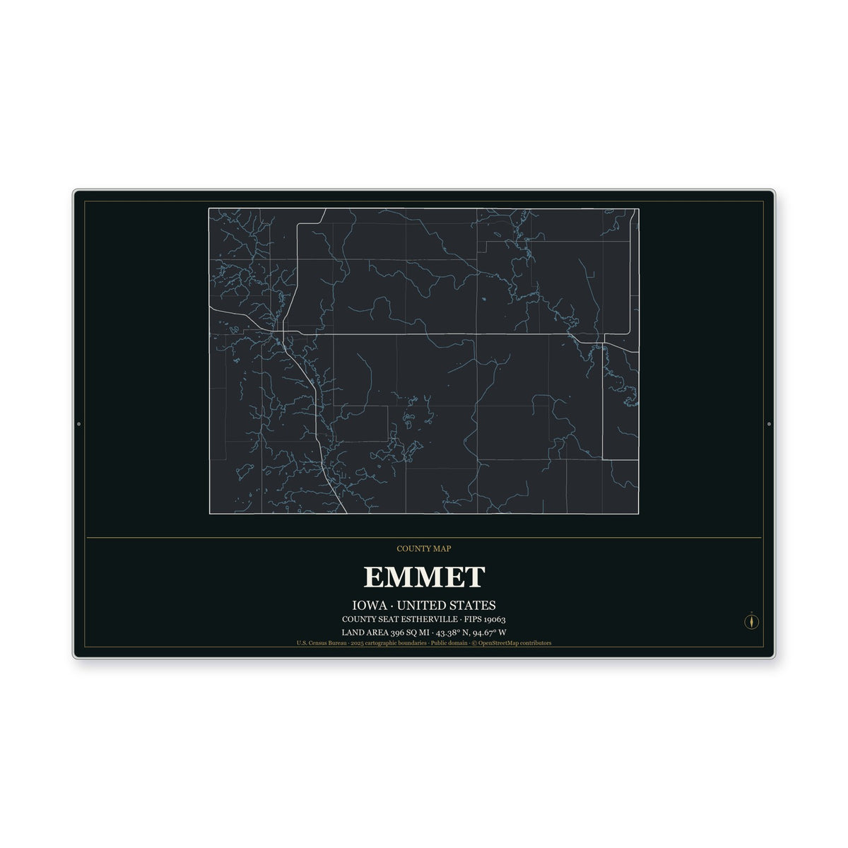 Emmet County, Iowa Map Aluminum Sign in Metropolitan Noir style