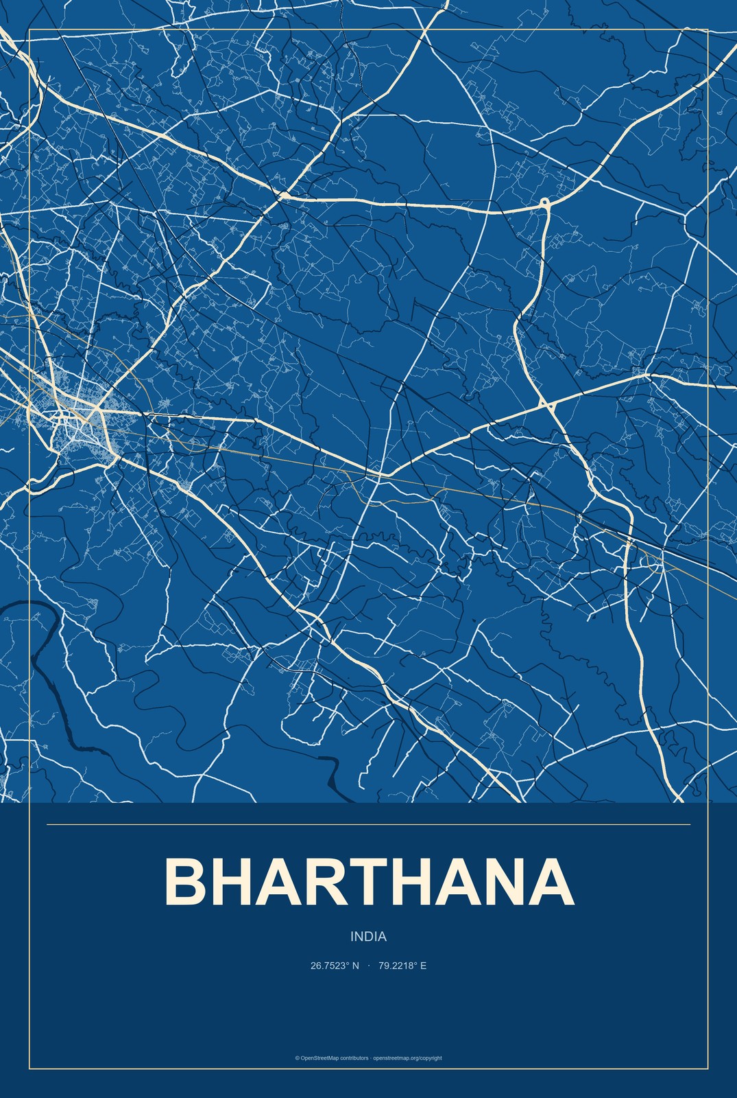 Bharthana, India City Map Aluminum Sign in Harbor Cobalt style