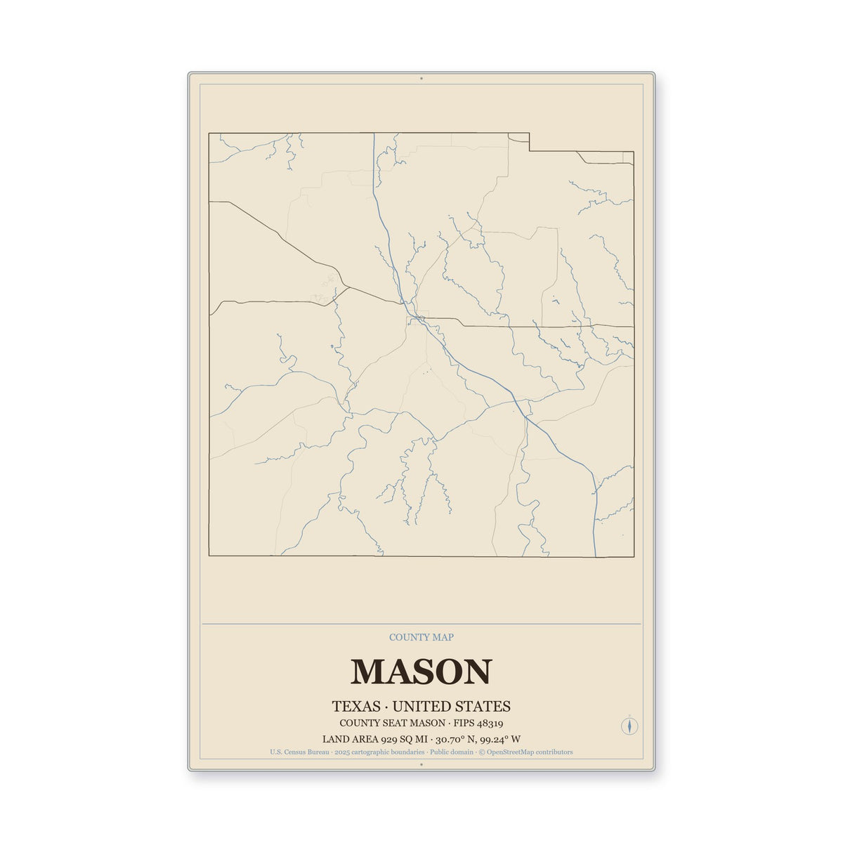 Mason County, Texas Map Aluminum Sign in Heritage Nautical style