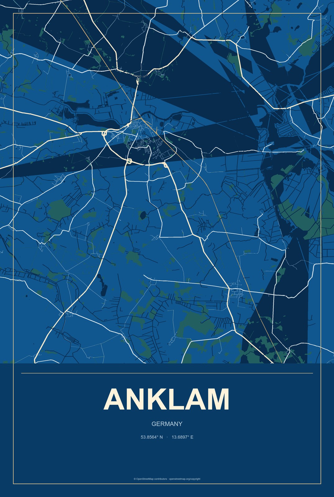 Anklam, Germany City Map Aluminum Sign in Harbor Cobalt style