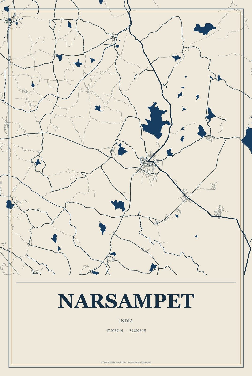 Narsampet, India City Map Aluminum Sign in Coastal Cutout style