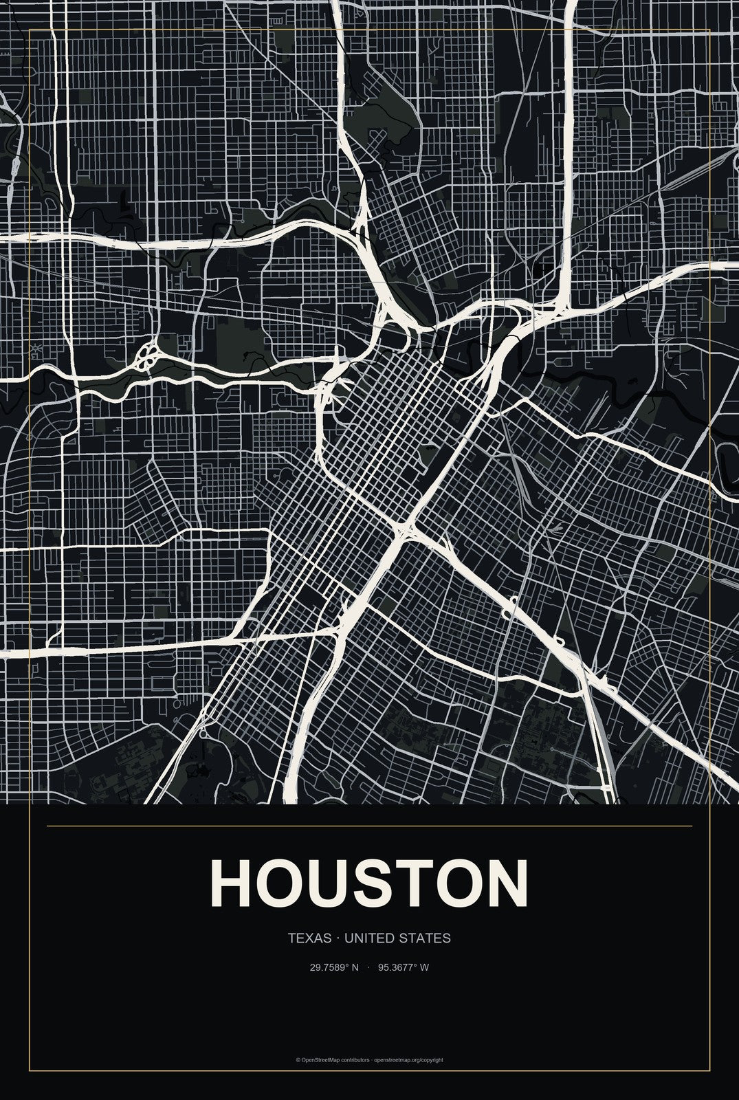 Houston, Texas City Map Aluminum Sign in Metropolitan Noir style